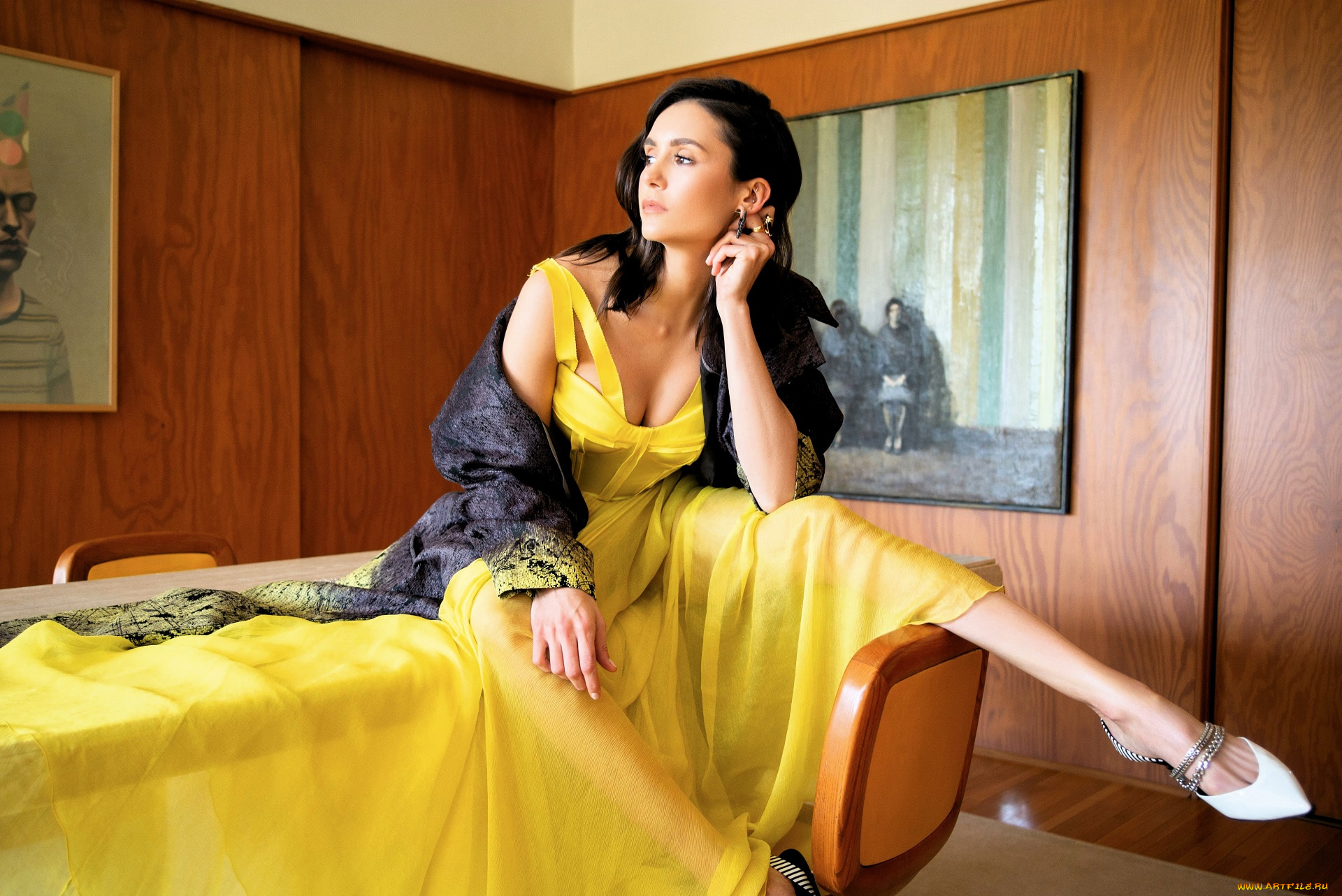 девушки, nina, dobrev, актриса, брюнетка, платье, стол, картины
