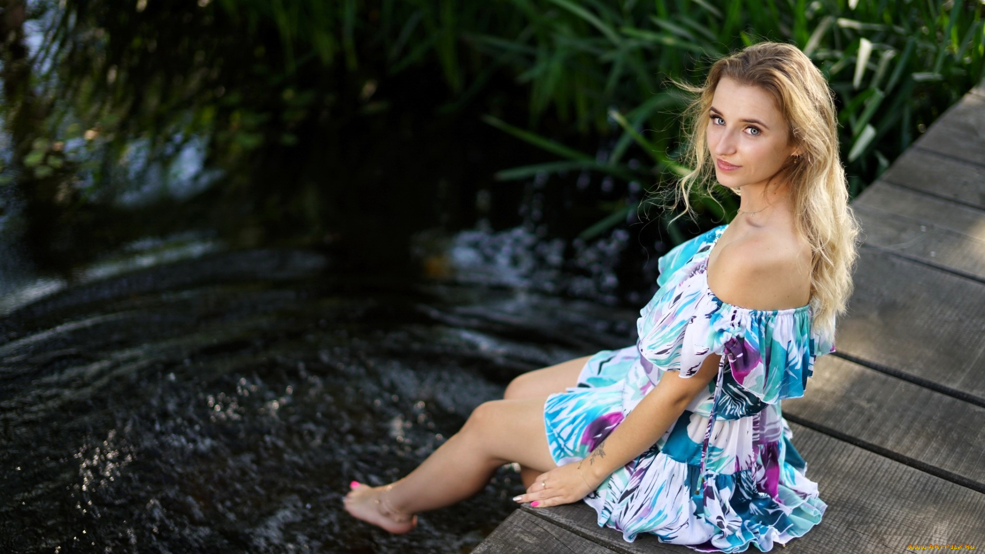 девушки, -, блондинки, , светловолосые, блондинка, платье, мост, озеро