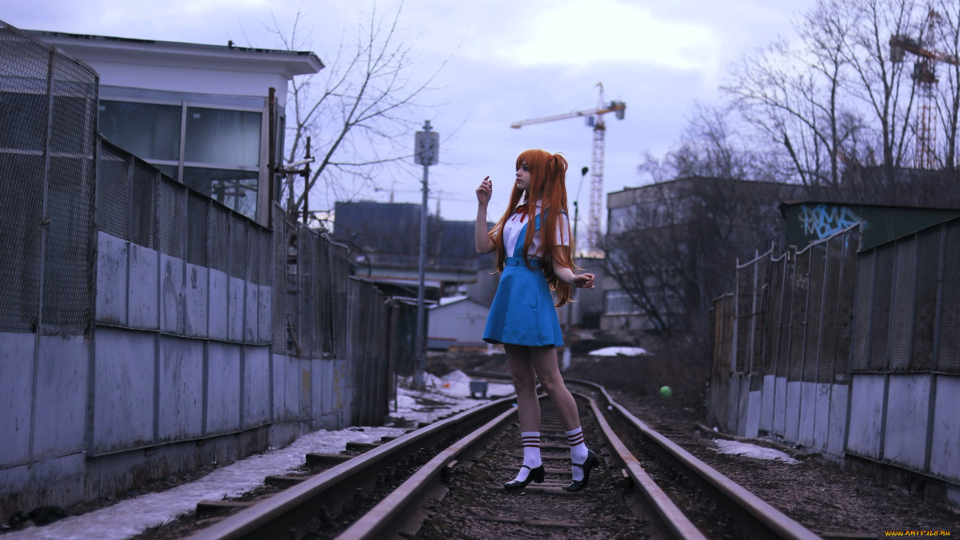 девушки, tenletters, образ, косплей, наряд, рыжая, рельсы, здания
