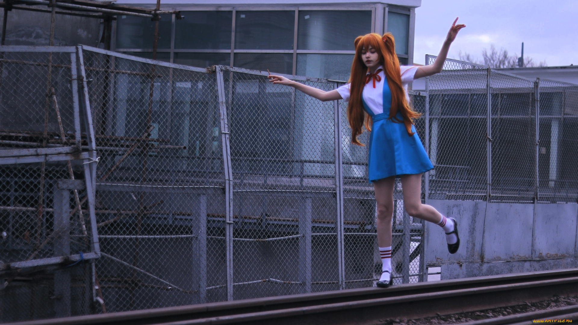 девушки, tenletters, образ, косплей, наряд, рыжая, рельсы, здания