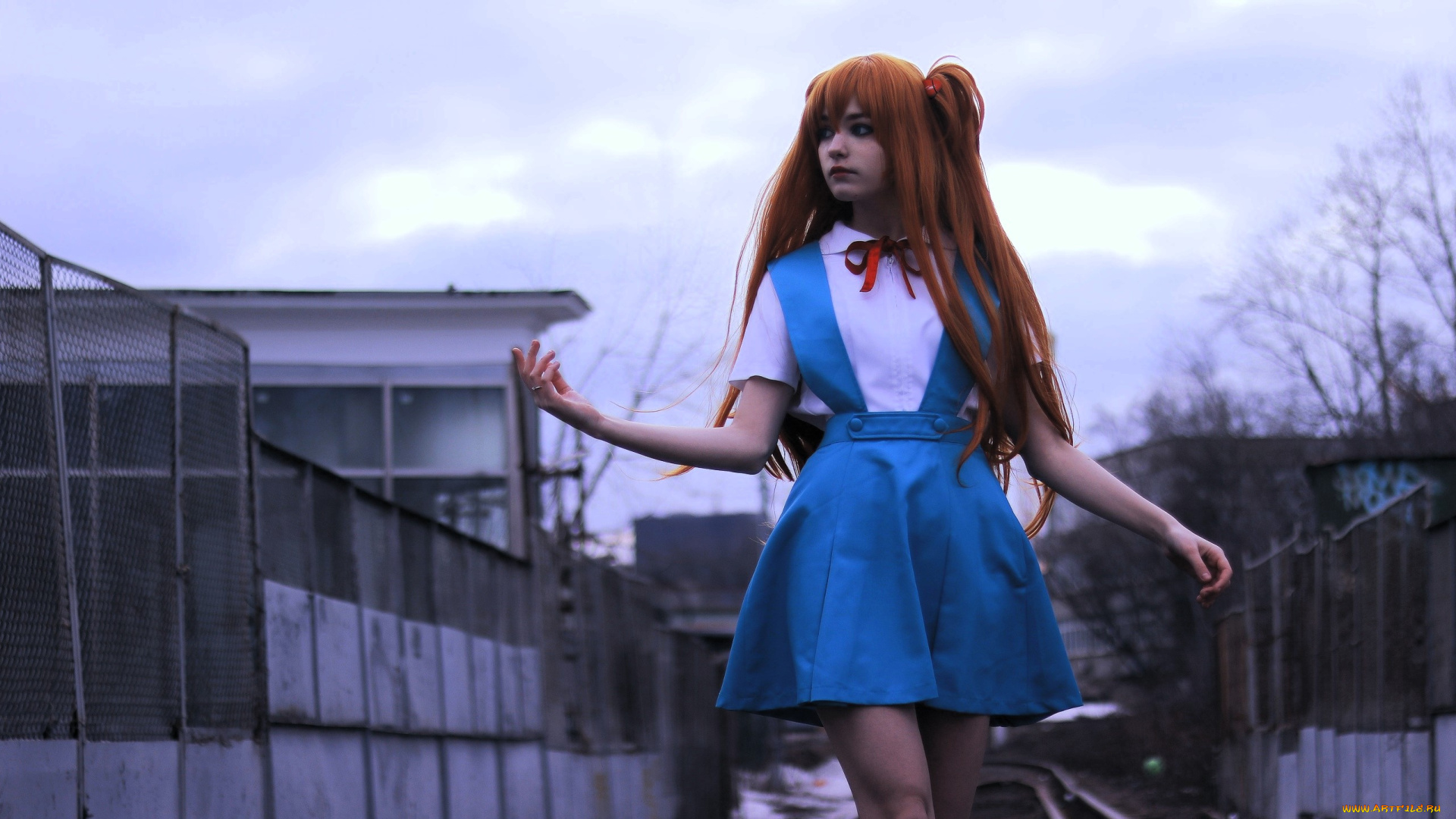 девушки, tenletters, образ, косплей, наряд, рыжая, рельсы, здания