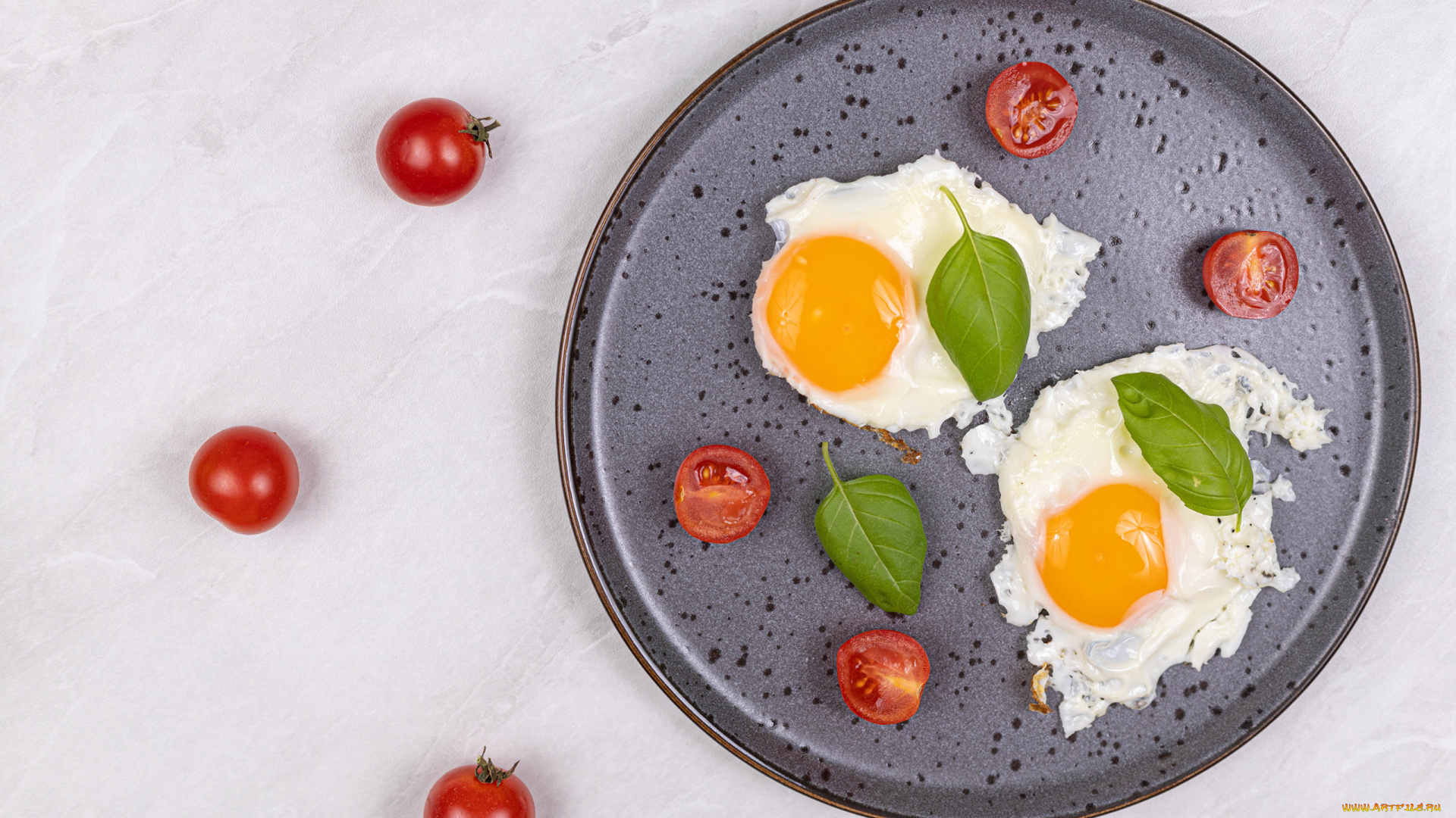 еда, яичные, блюда, базилик, глазунья, помидоры