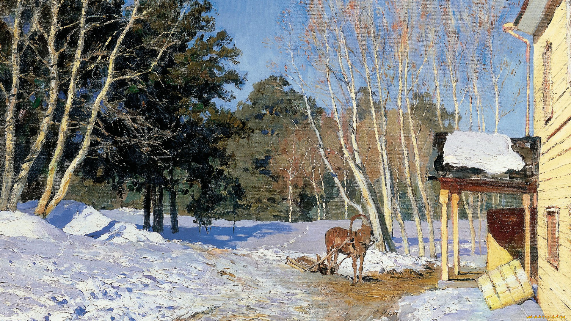 левитан, исаак, -, март, рисованное, исаак, левитан, дом, лошадь, сани, снег, лес