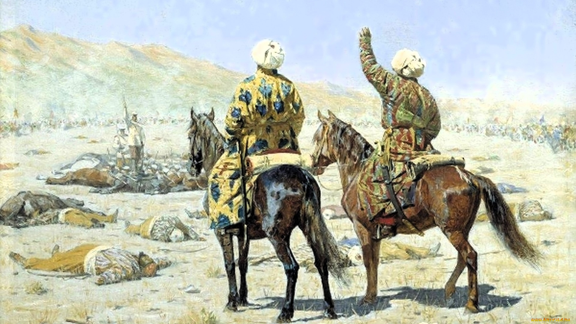 рисованное, василий, верещагин, всадники, трупы, пустыня, горы