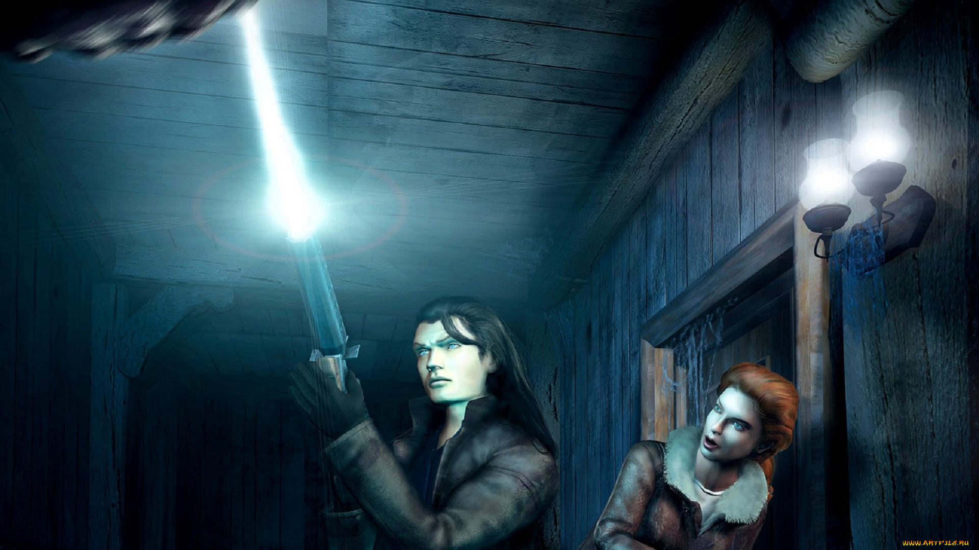 видео, игры, alone, in, the, dark, 4, парень, девушка, оружие, фонарик, коридор