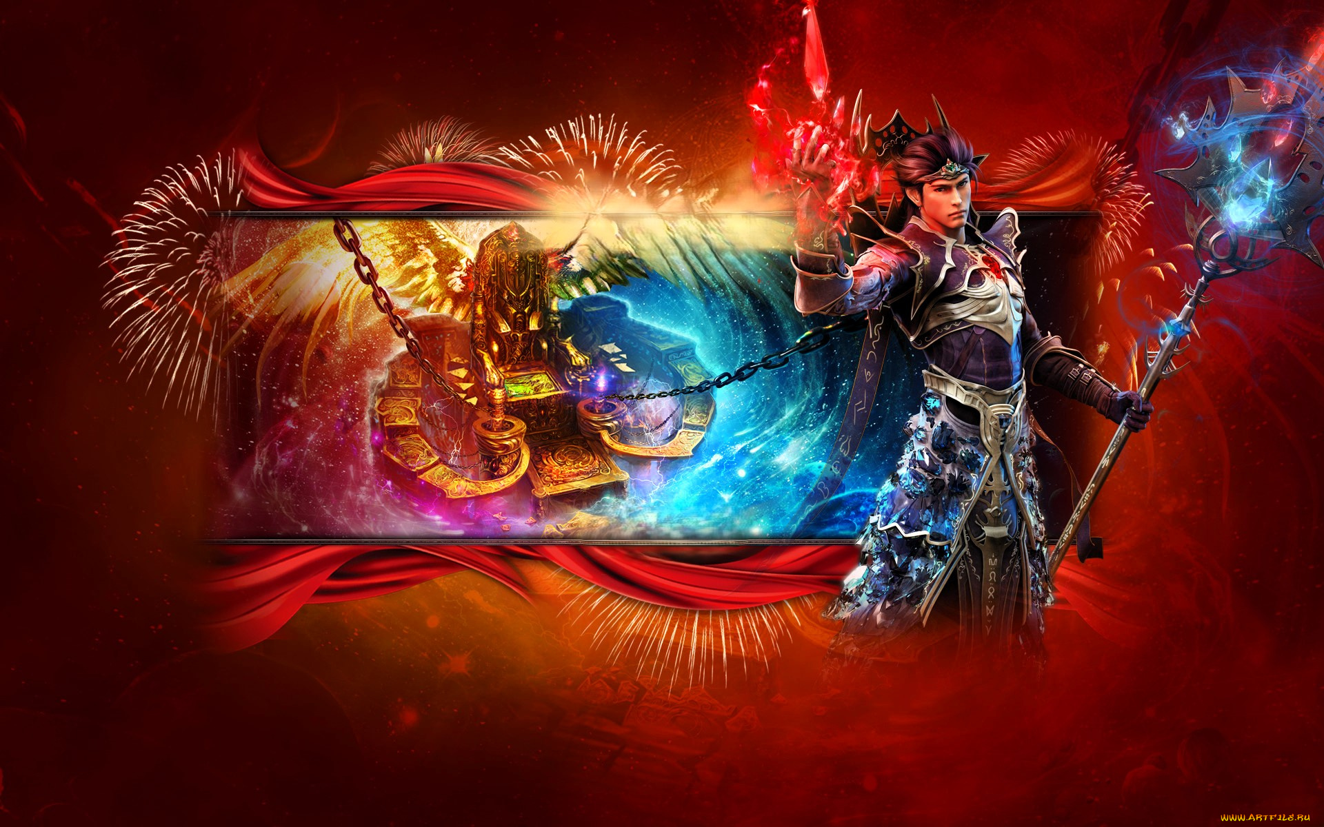 видео, игры, mummy, online, маг, магия, посох, доспех, трон, цепи, салют