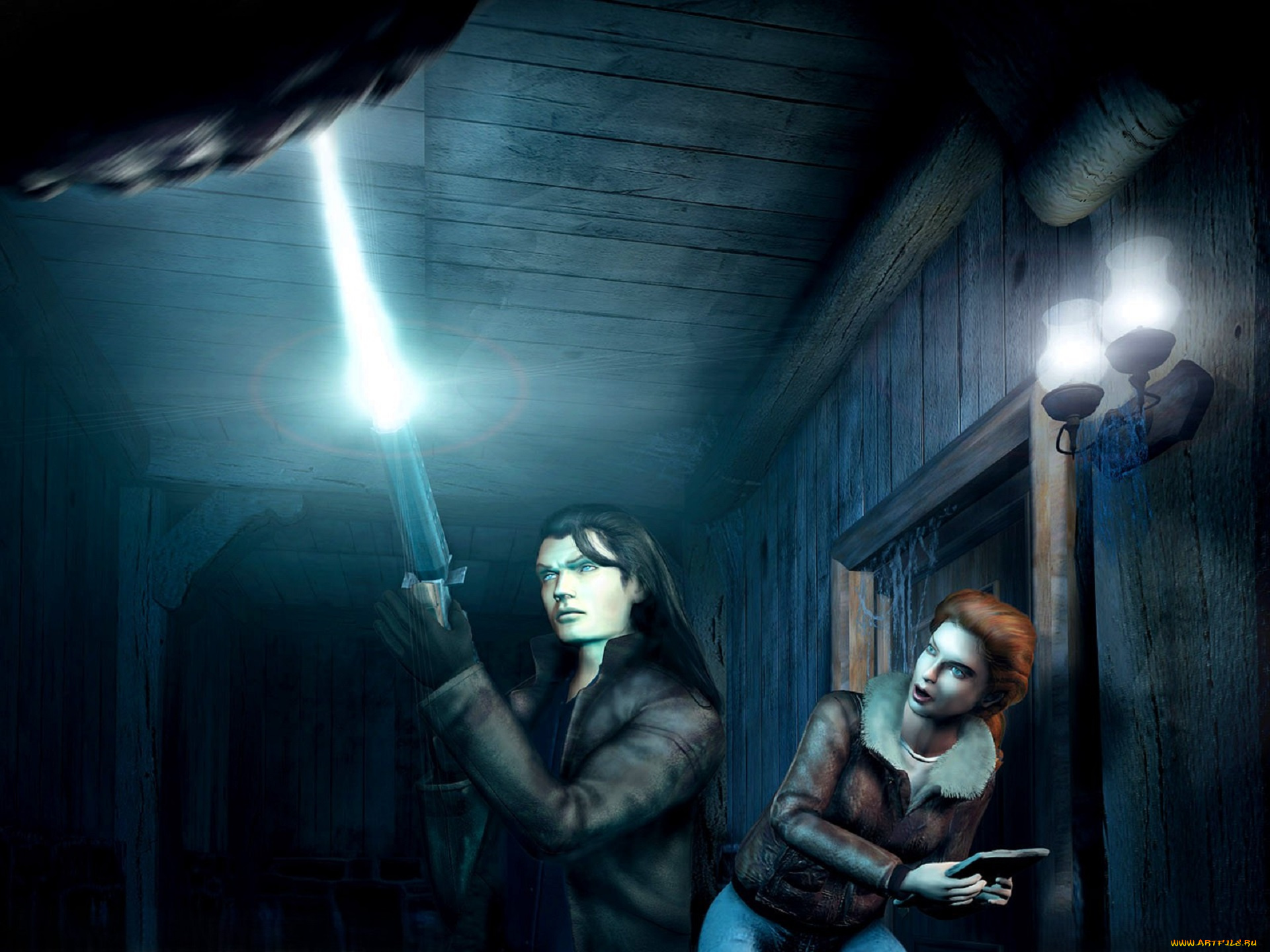 видео, игры, alone, in, the, dark, 4, парень, девушка, оружие, фонарик, коридор