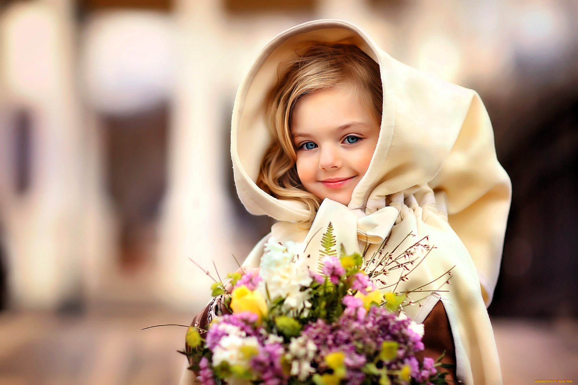 разное, дети, девочка, лицо, капор, цветы, букет