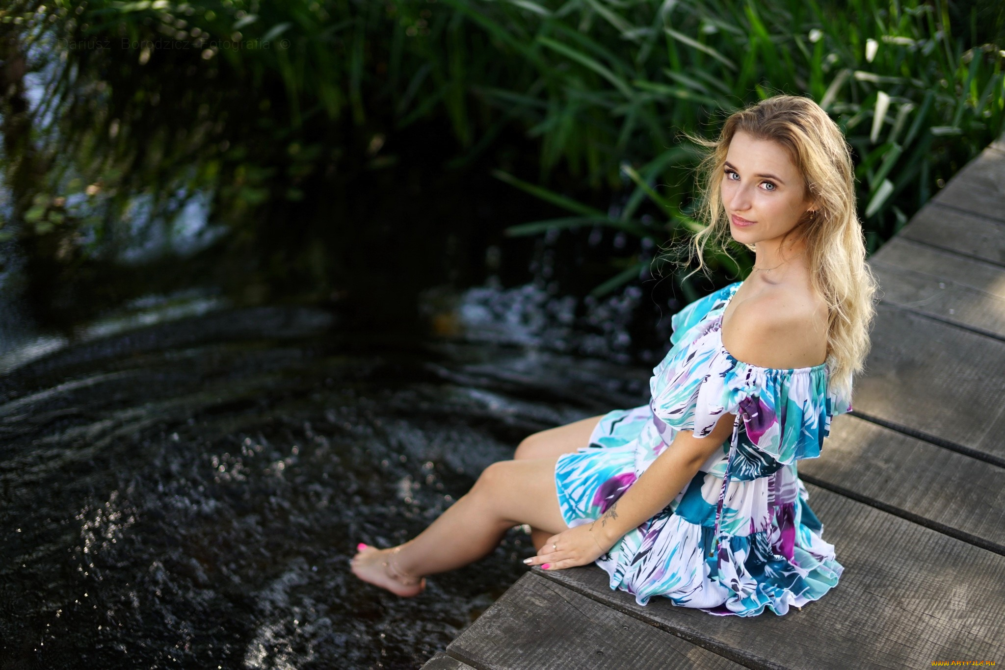 девушки, -, блондинки, , светловолосые, блондинка, платье, мост, озеро