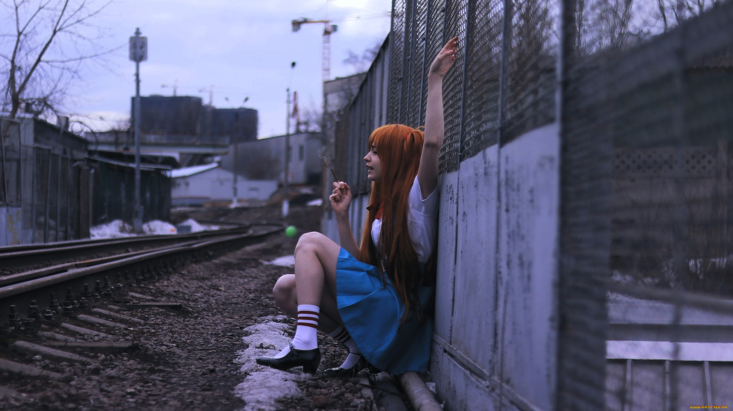 девушки, tenletters, образ, косплей, наряд, рыжая, рельсы, здания