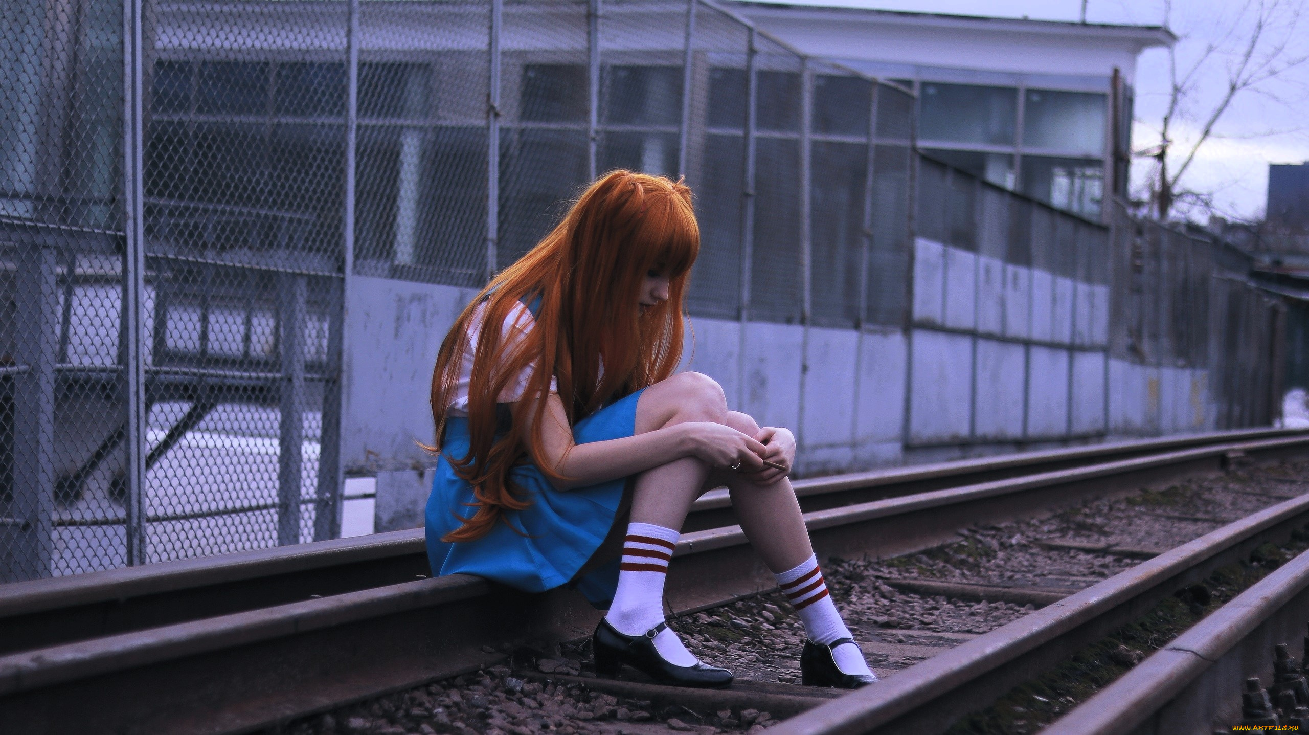 девушки, tenletters, образ, косплей, наряд, рыжая, рельсы, здания