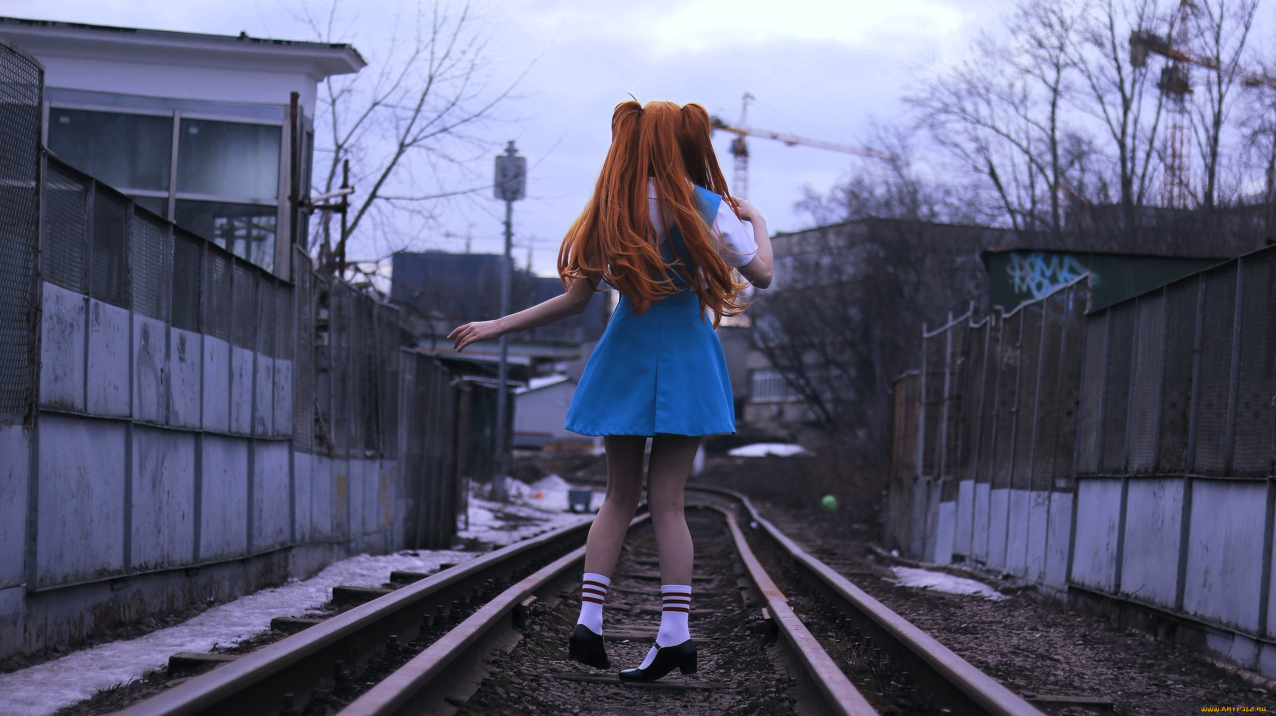 девушки, tenletters, образ, косплей, наряд, рыжая, рельсы, здания