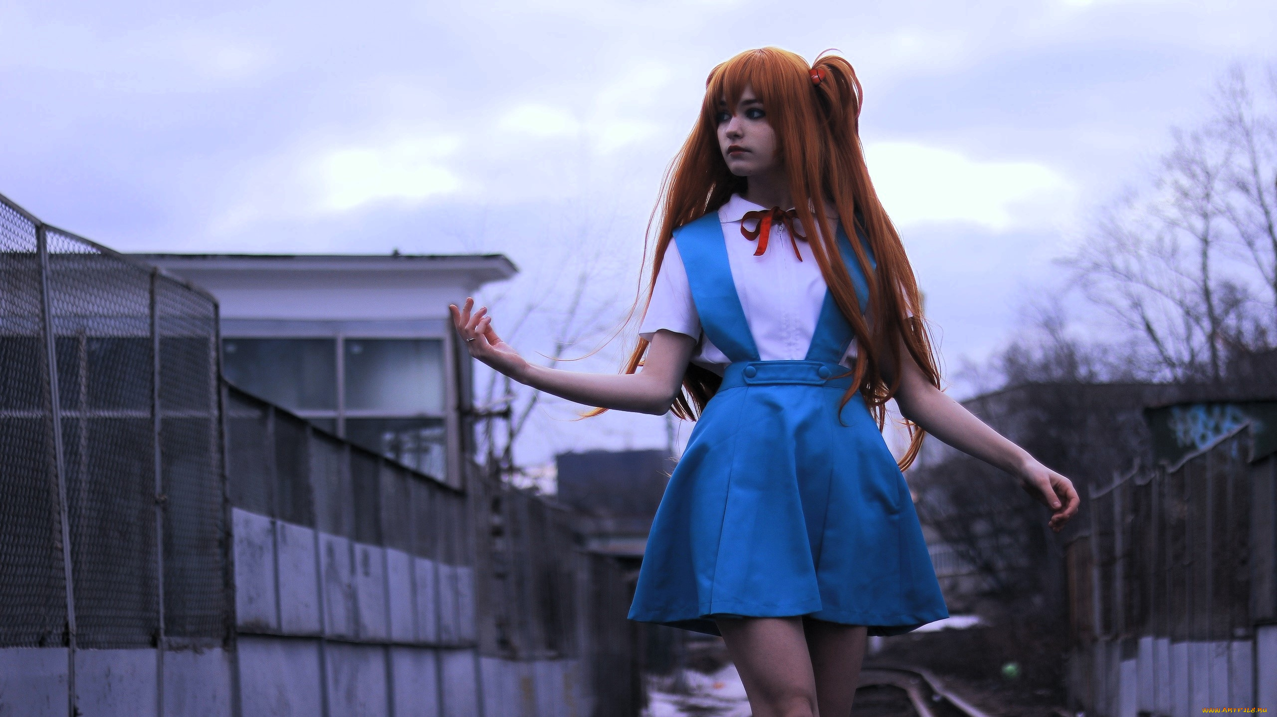 девушки, tenletters, образ, косплей, наряд, рыжая, рельсы, здания