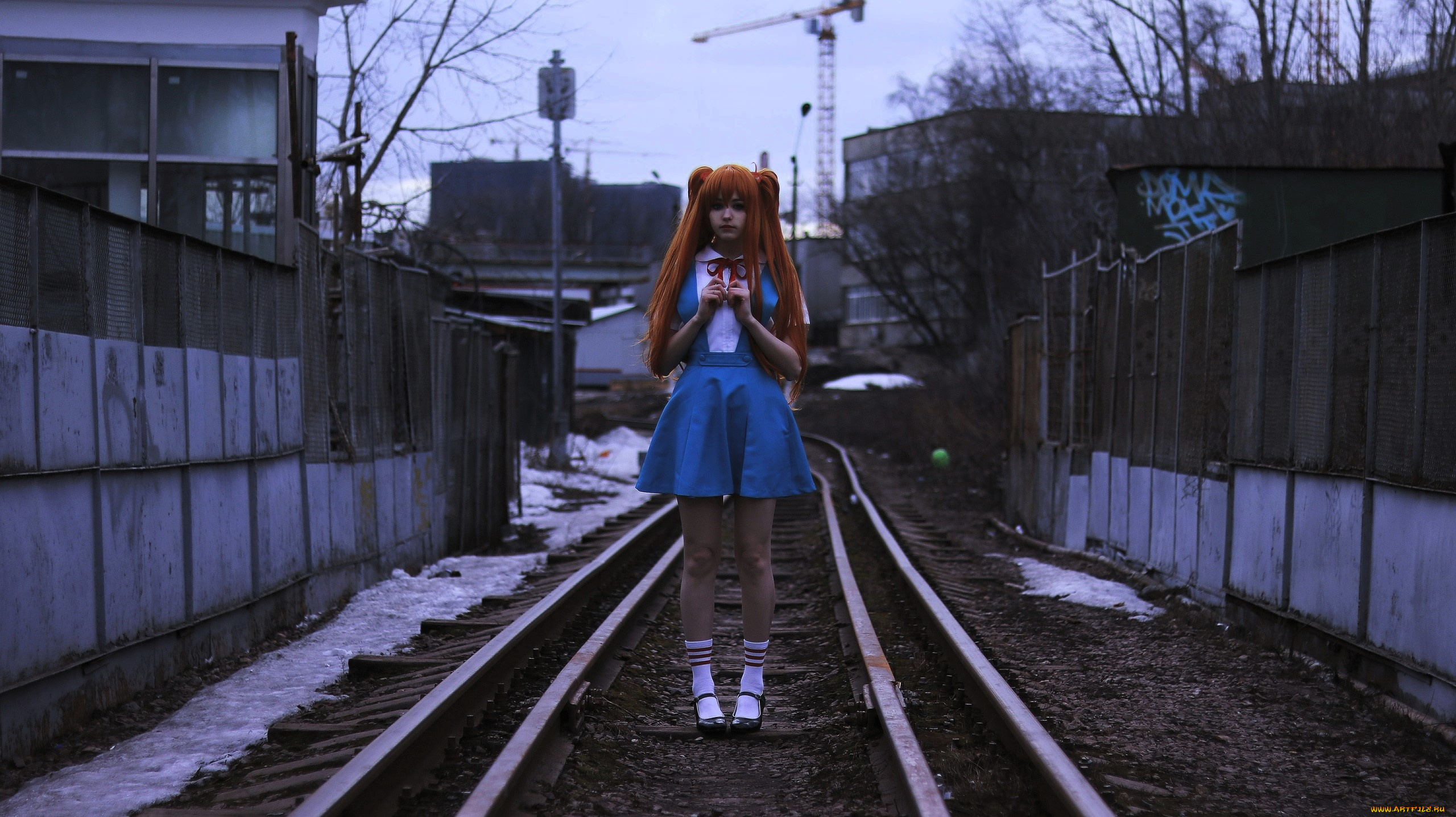 девушки, tenletters, образ, косплей, наряд, рыжая, рельсы, здания