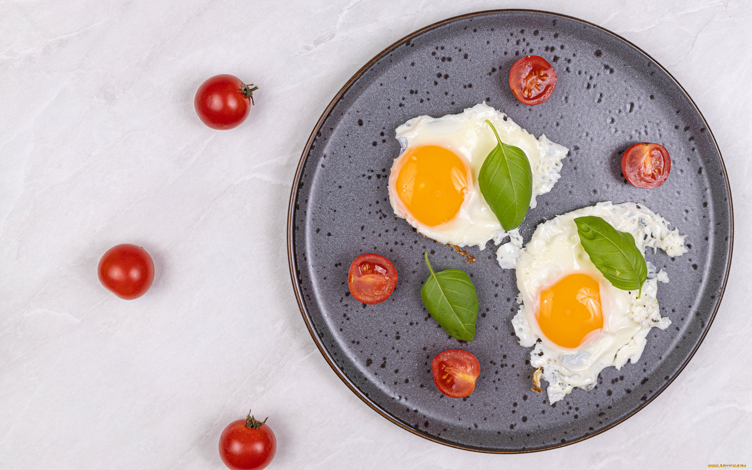 еда, яичные, блюда, базилик, глазунья, помидоры