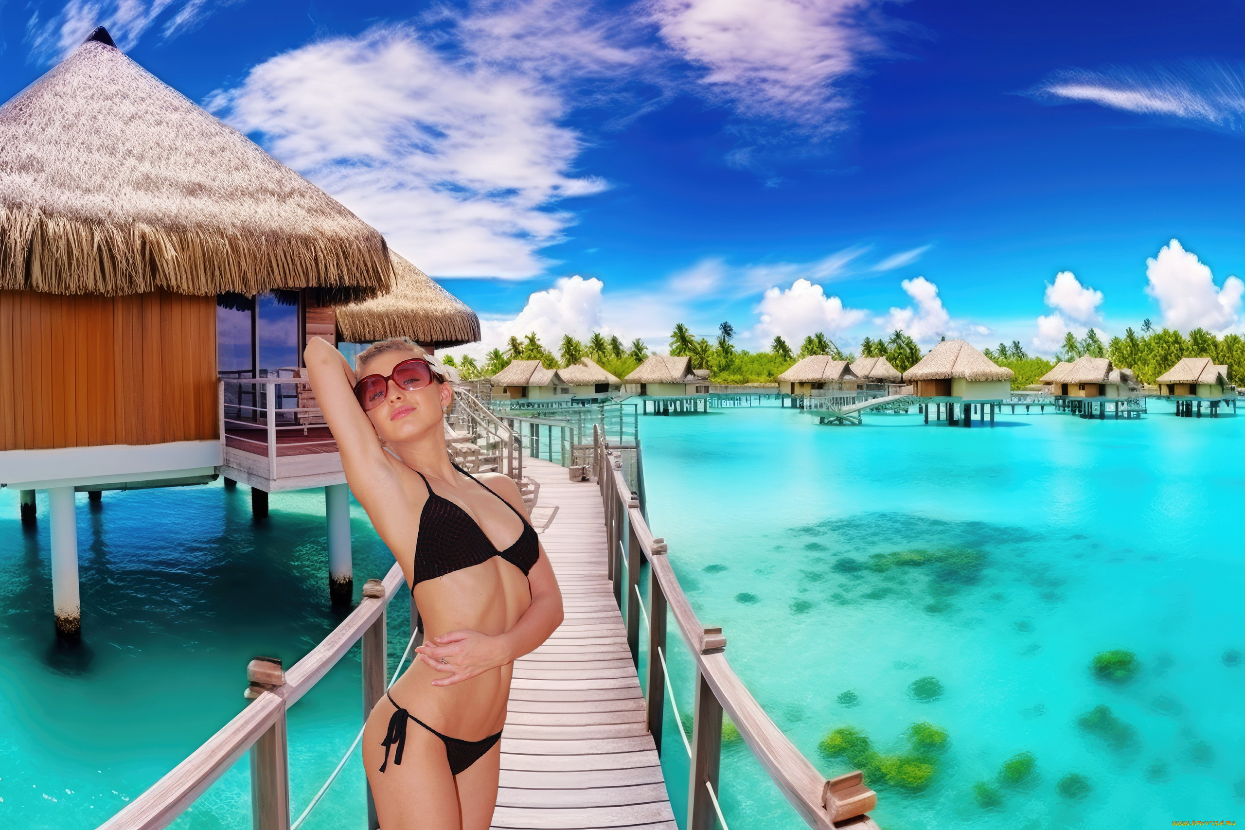 девушки, -, блондинки, , светловолосые, тропики, бунгало, бикини, очки