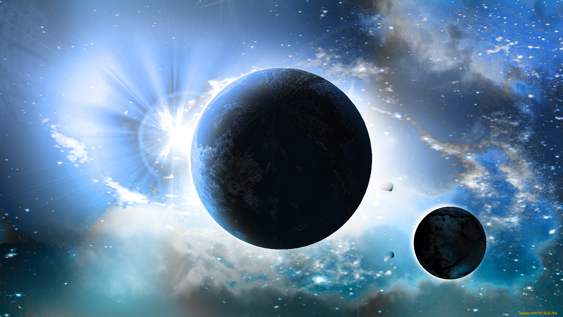 космос, арт, туманность, свет, планеты