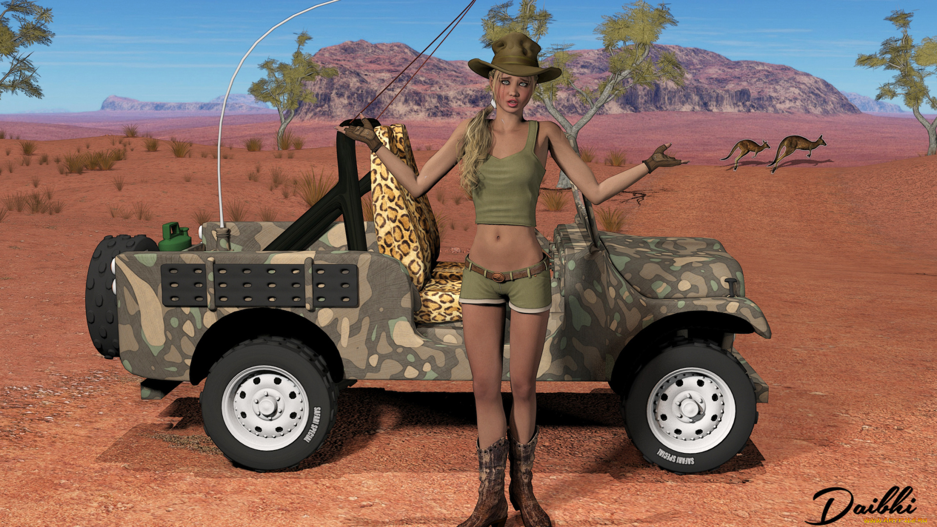 автомобили, 3d, car&girl, кенгуру, автомобиль, девушка