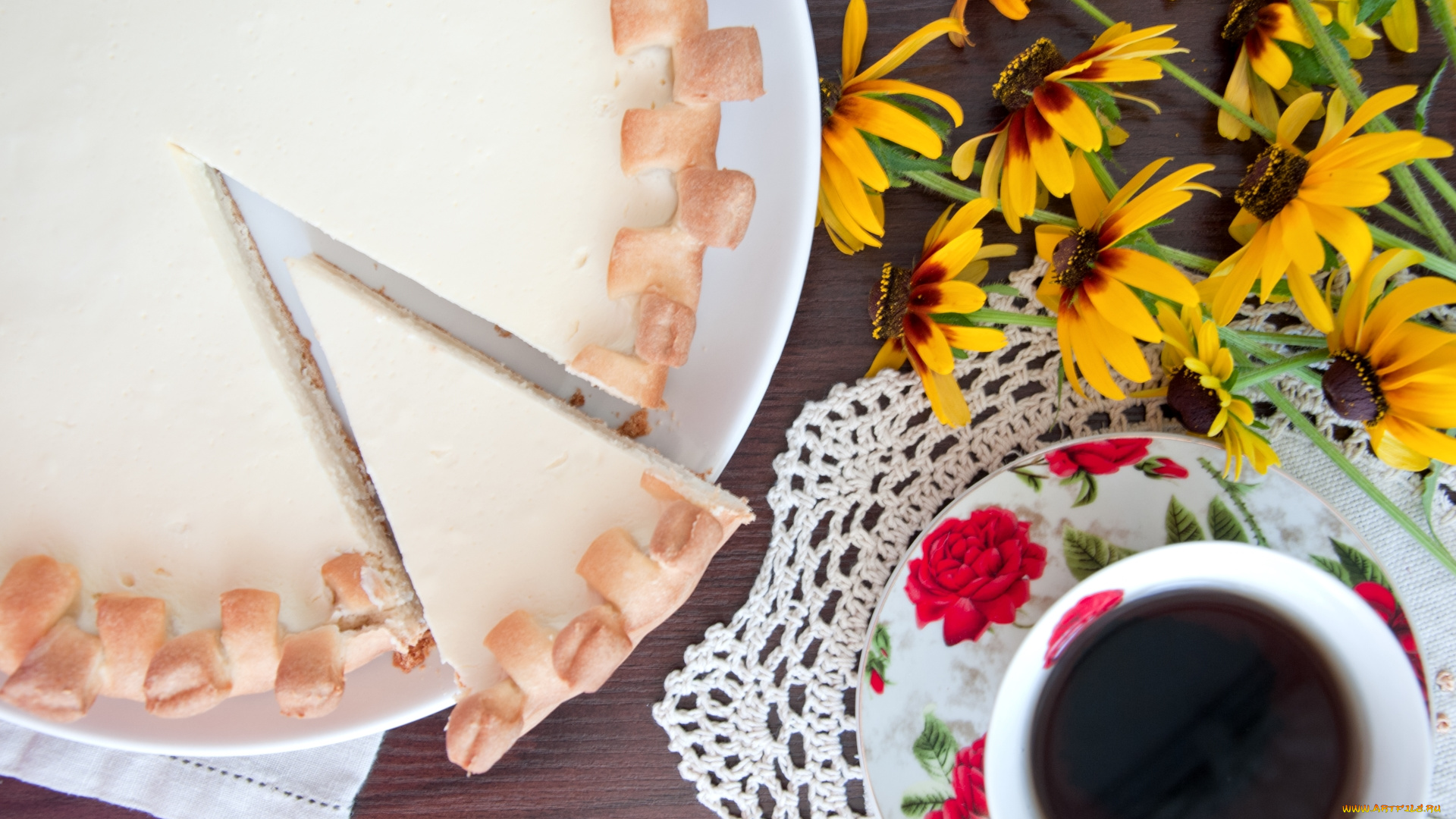 еда, пироги, чай, цветы