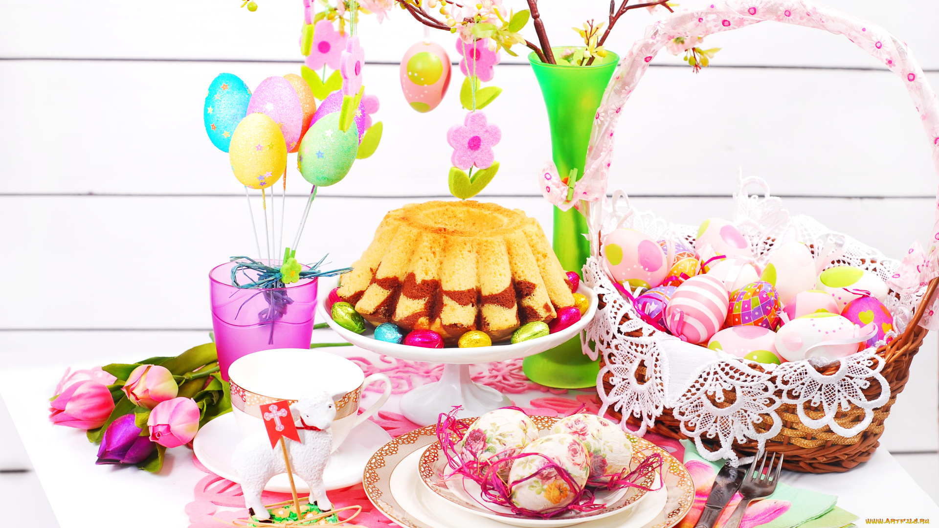 праздничные, пасха, яйца, барашек, цветы, праздник, кулич