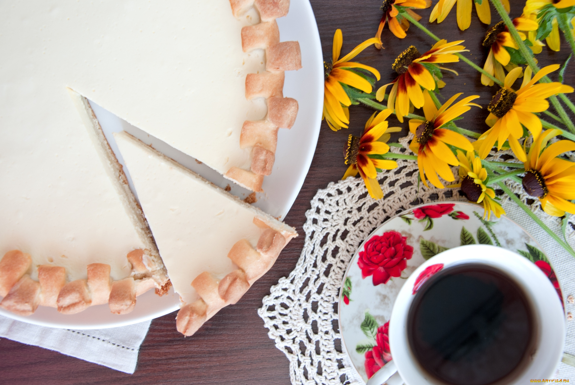 еда, пироги, чай, цветы