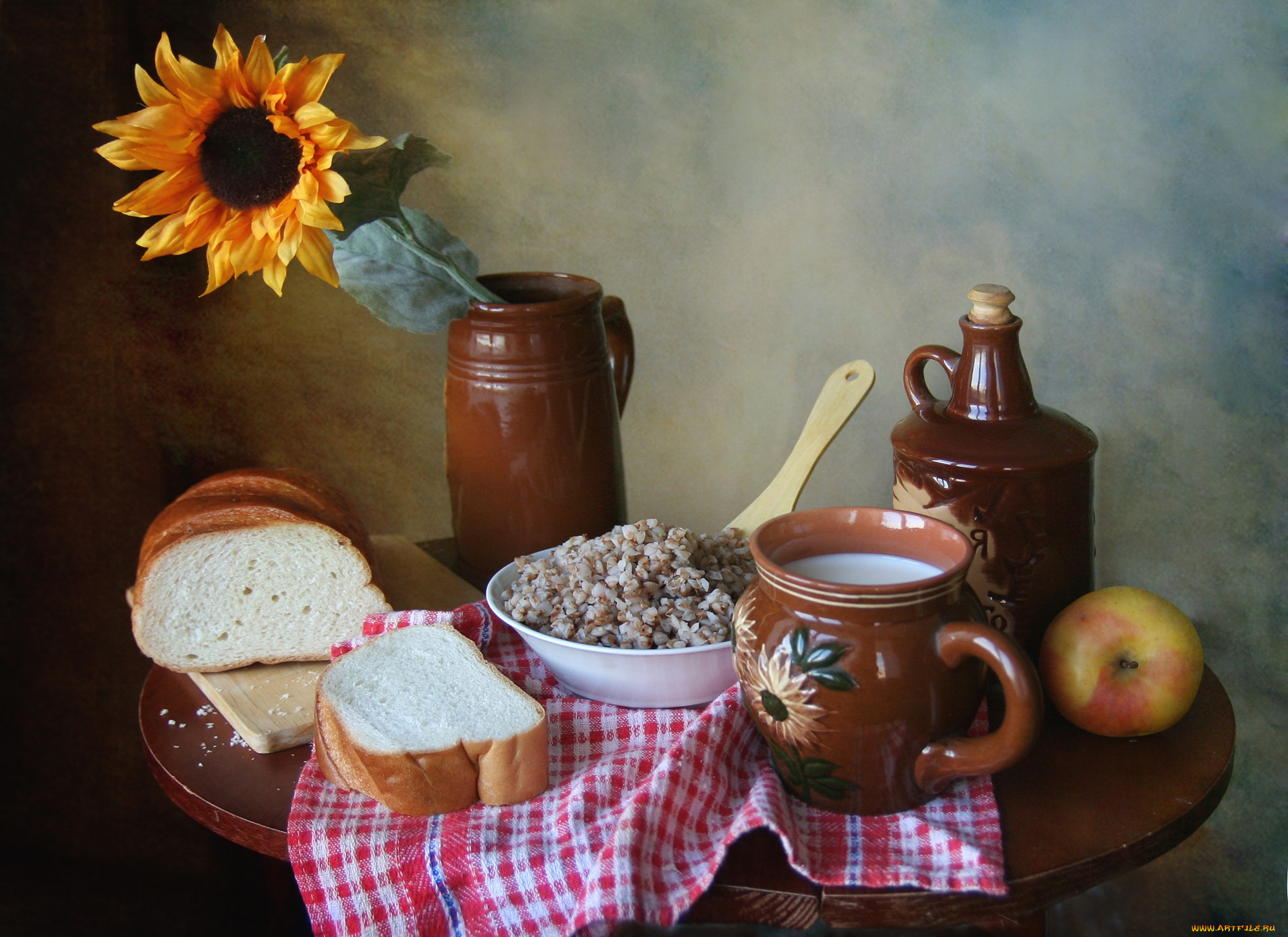 еда, натюрморт, батон, гречка, молоко, подсолнух