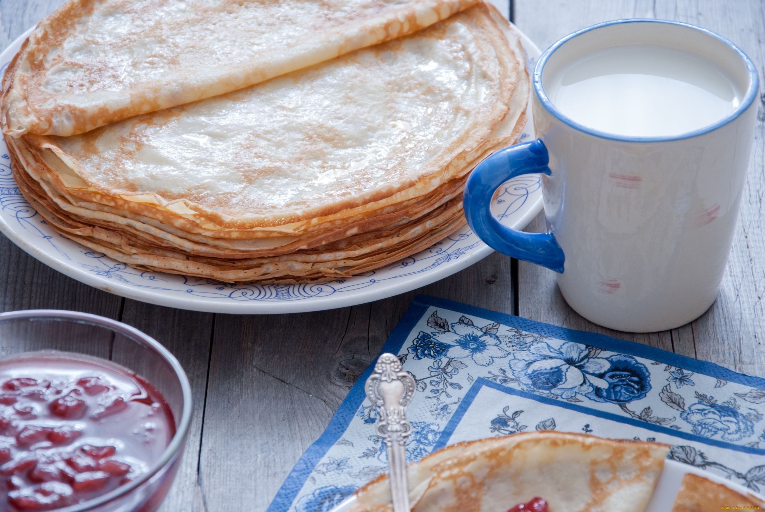 еда, блины, , оладьи, варенье, молоко