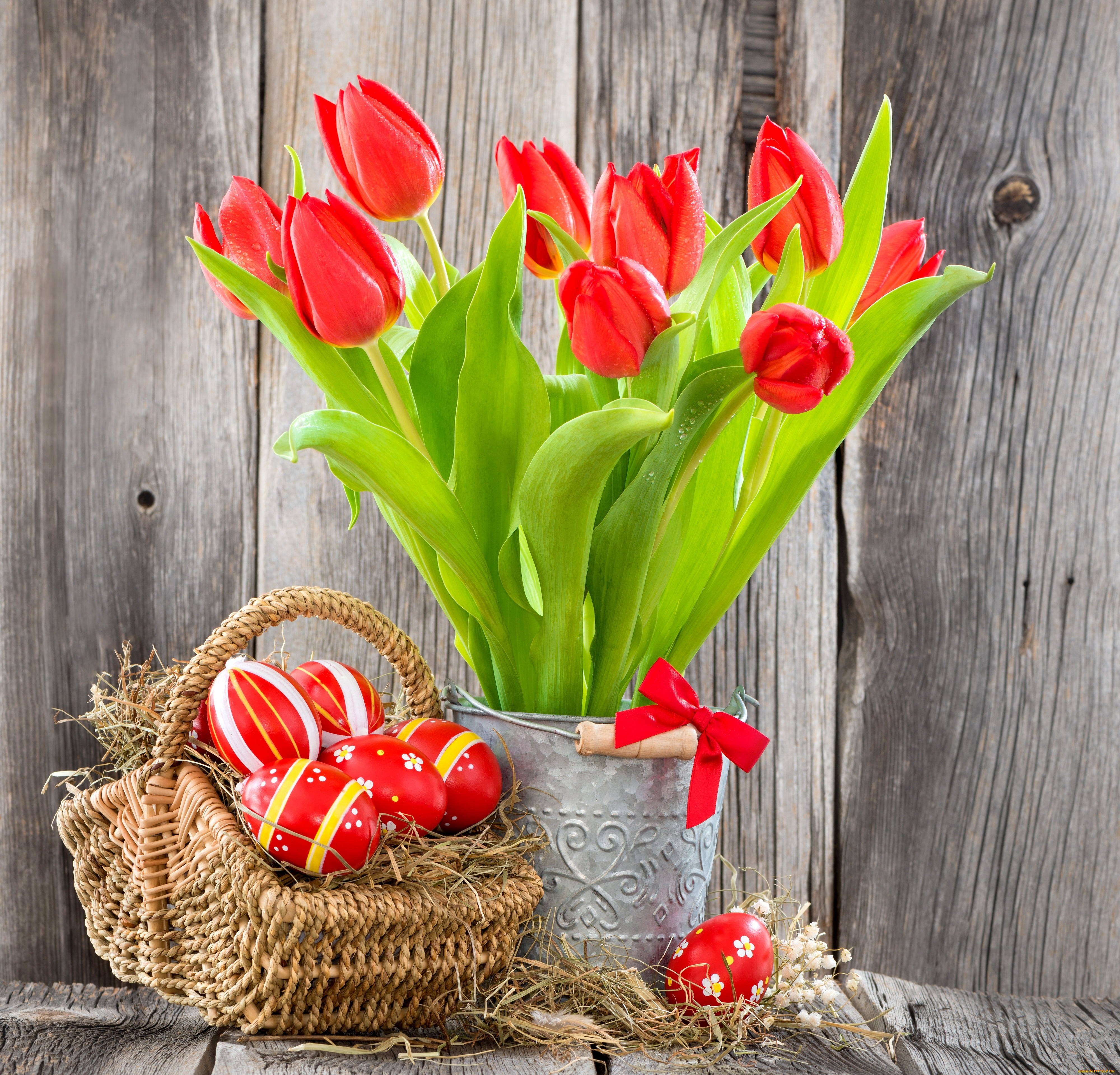 праздничные, пасха, яйца, red, basket, tulips, easter, eggs, flowers, тюльпаны