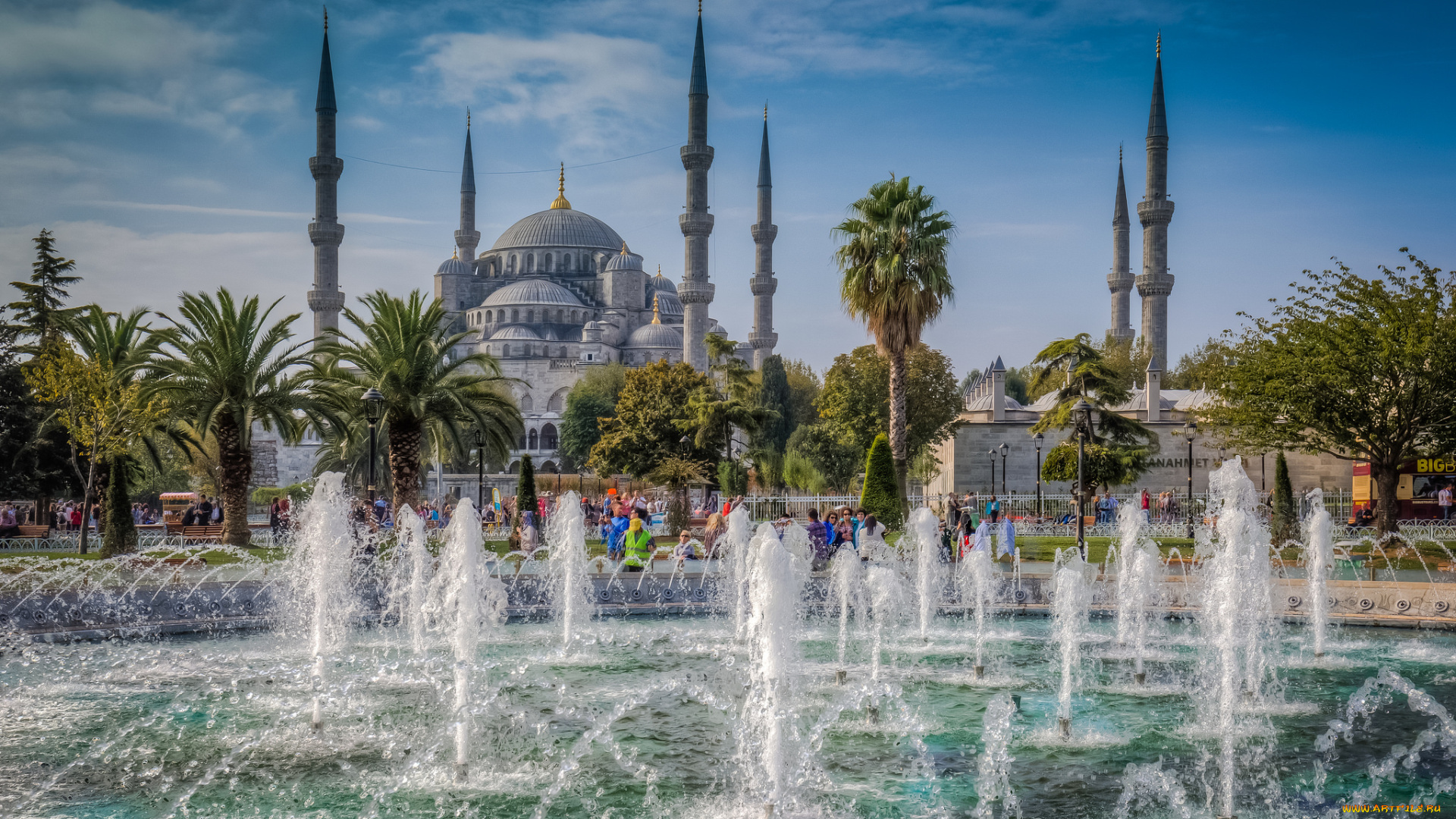 blue, mosque, frontlit, города, -, фонтаны, фонтаны, мечеть