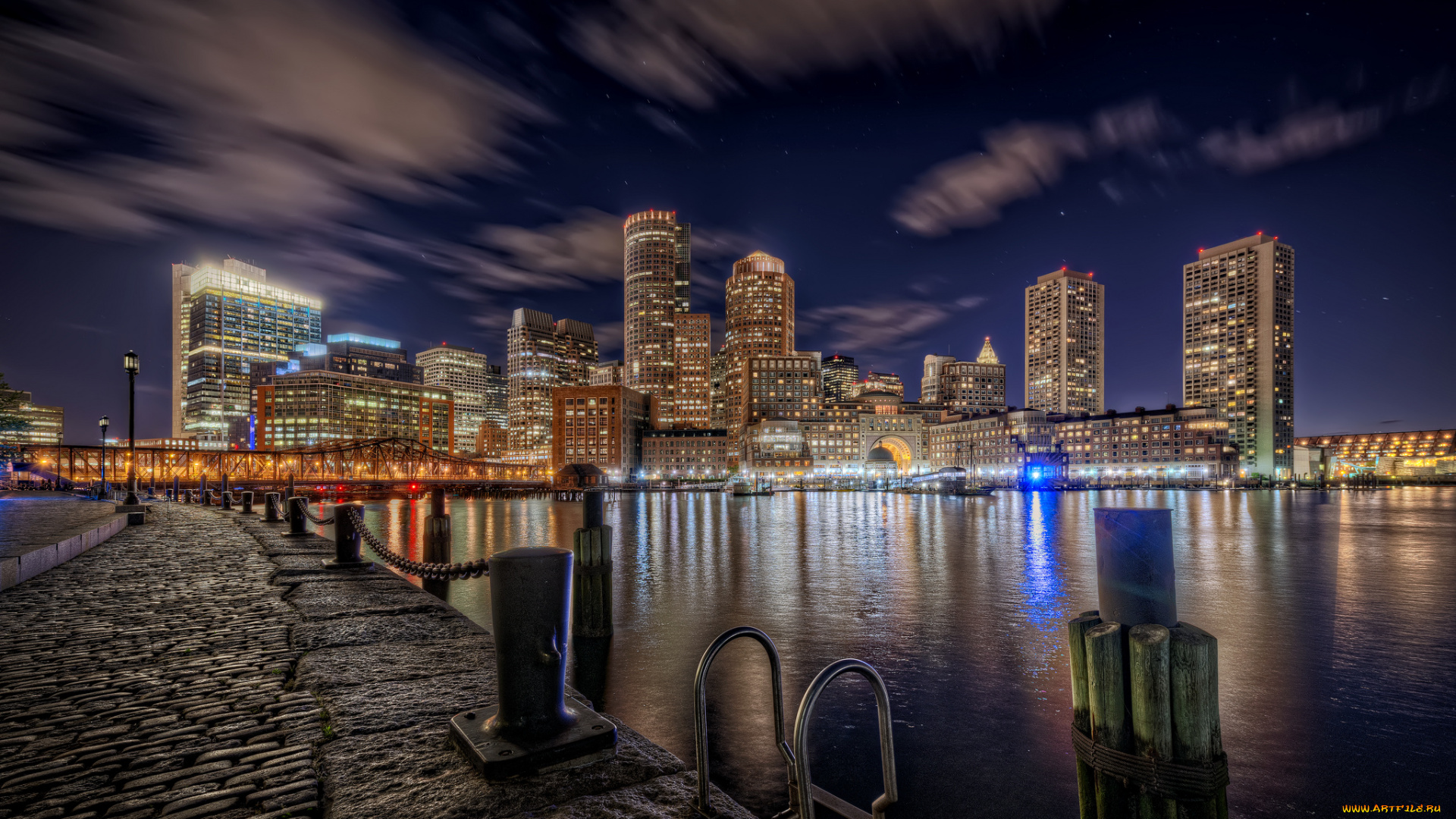 boston, harborwalk, города, бостон, , сша, набережная, ночь, огни, небоскребы