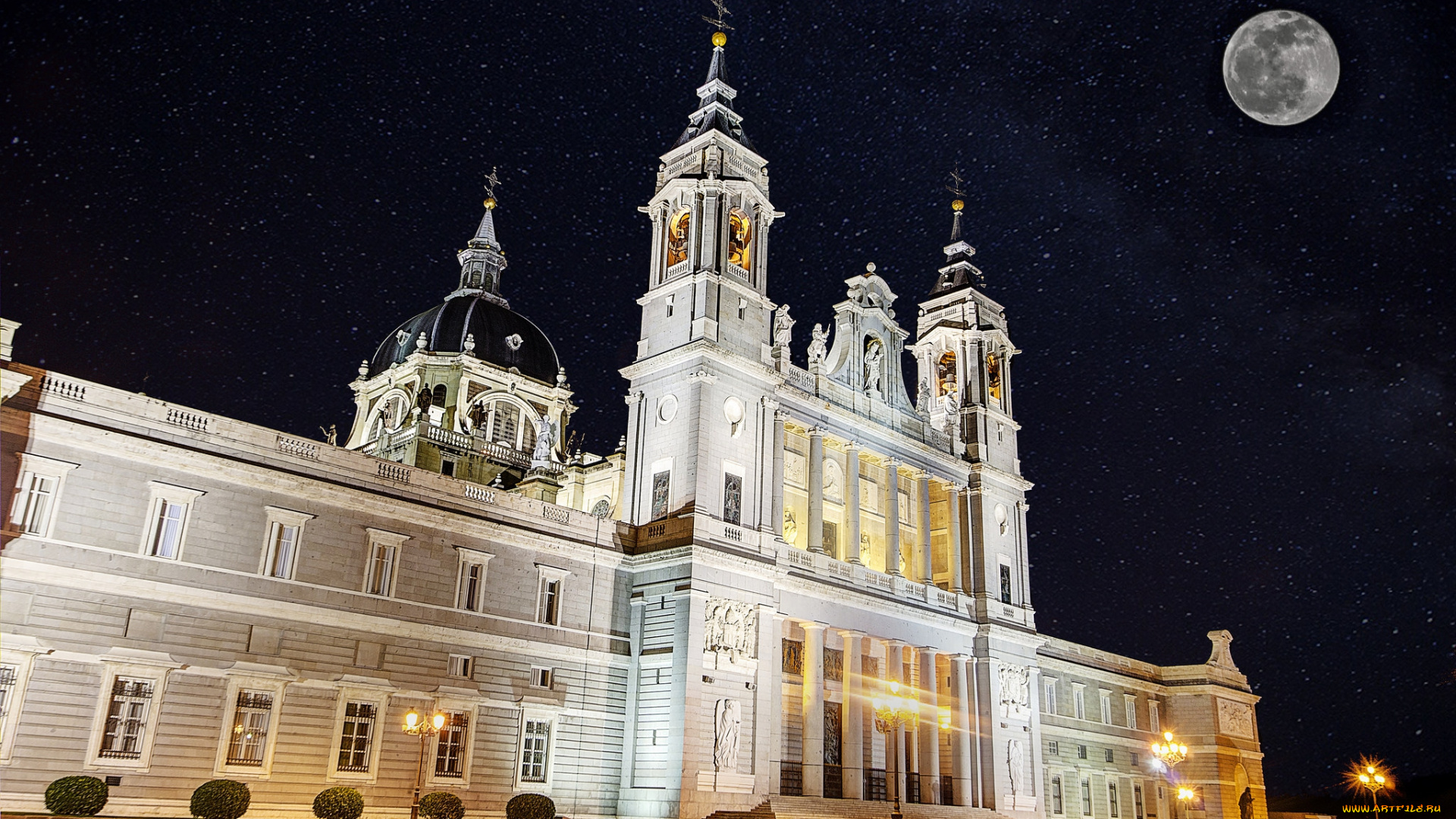 catedral, de, la, almudena, , madrid, города, мадрид, , испания, собор, луна, звезды, ночь