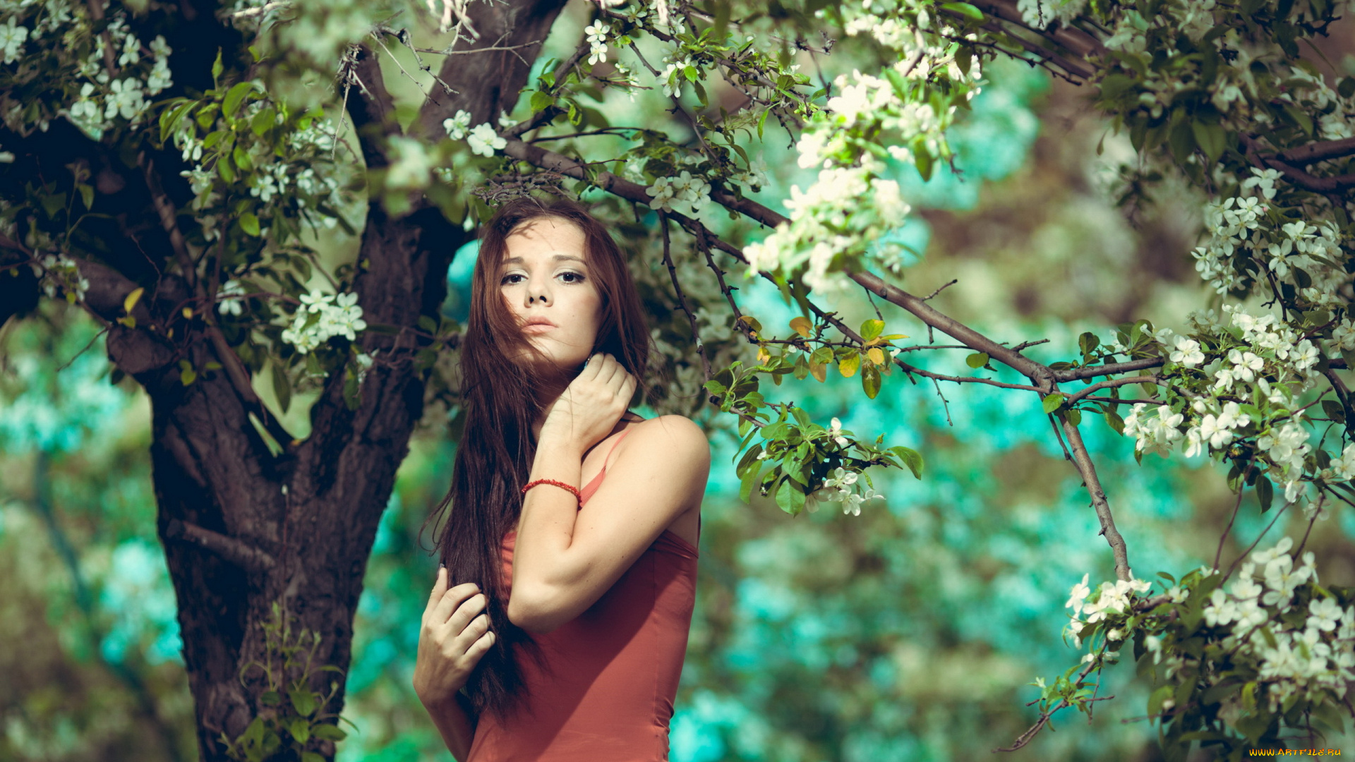 девушки, -unsort, , брюнетки, , шатенки, цветы, весна, сад, дерево, девушка