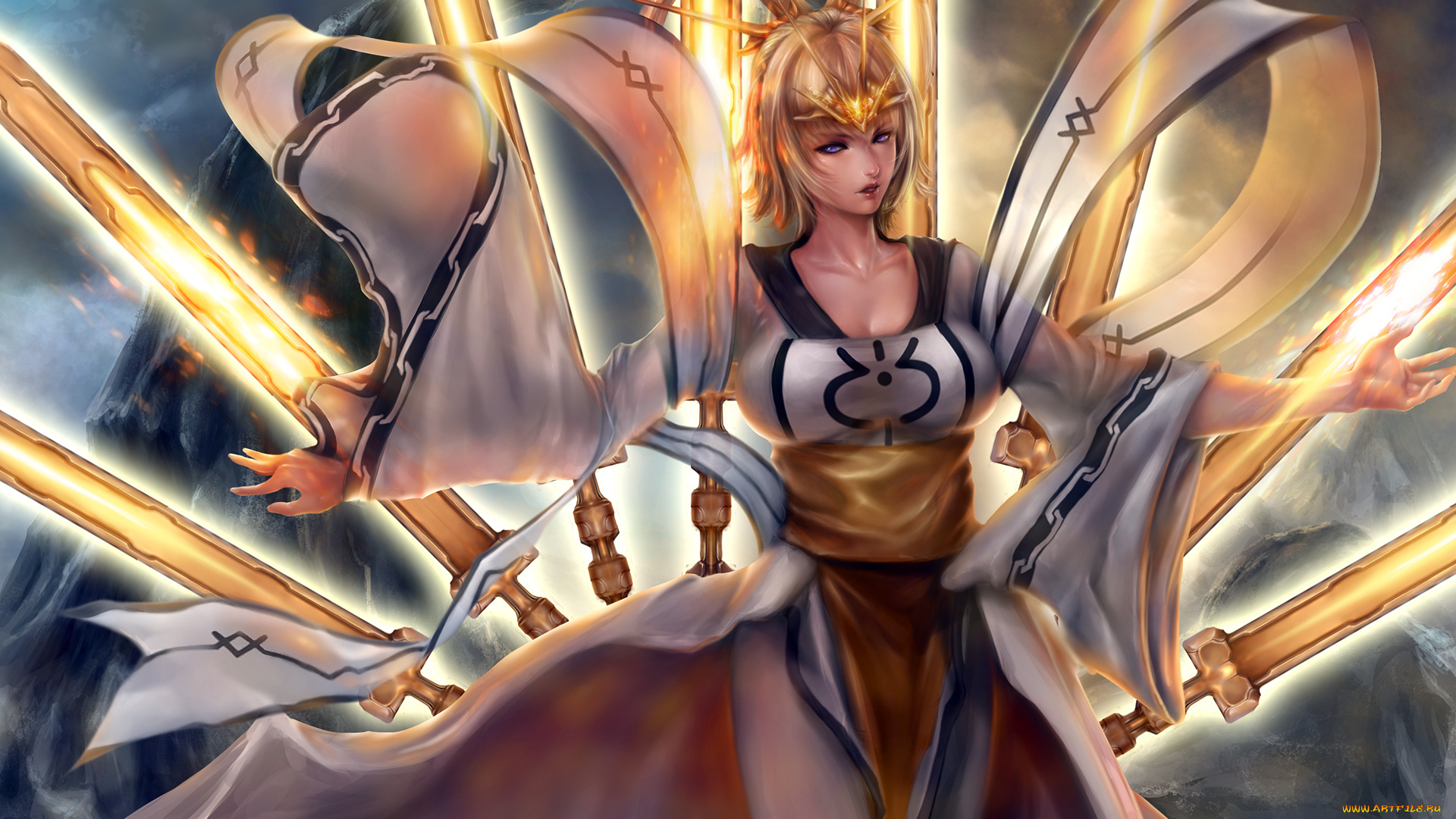 фэнтези, девушки, фон, взгляд, девушка, мечи