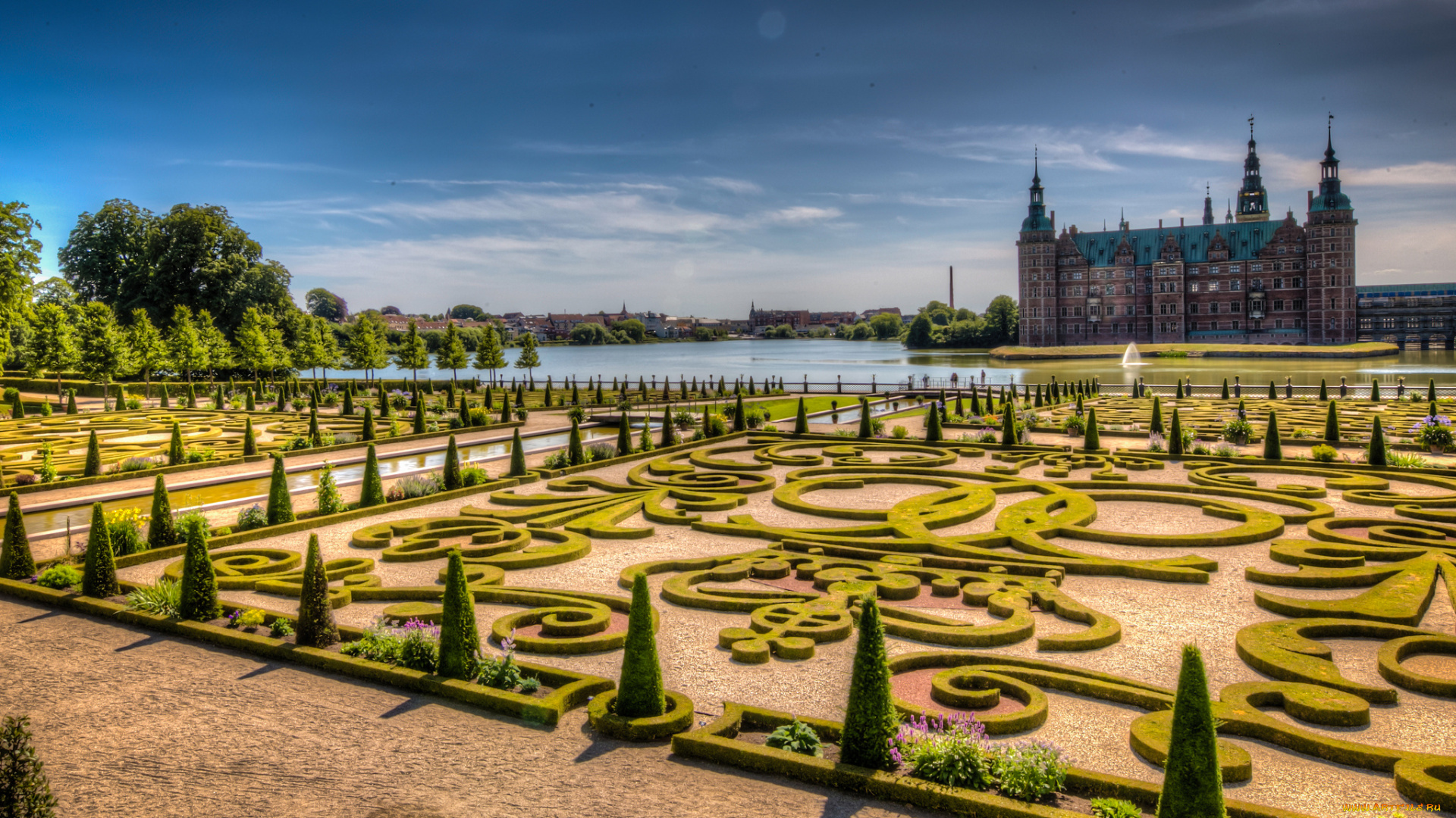frederiksborg, castle, and, garden, , hiller&, 248, , denmark, города, замки, дании, замок, река, парк