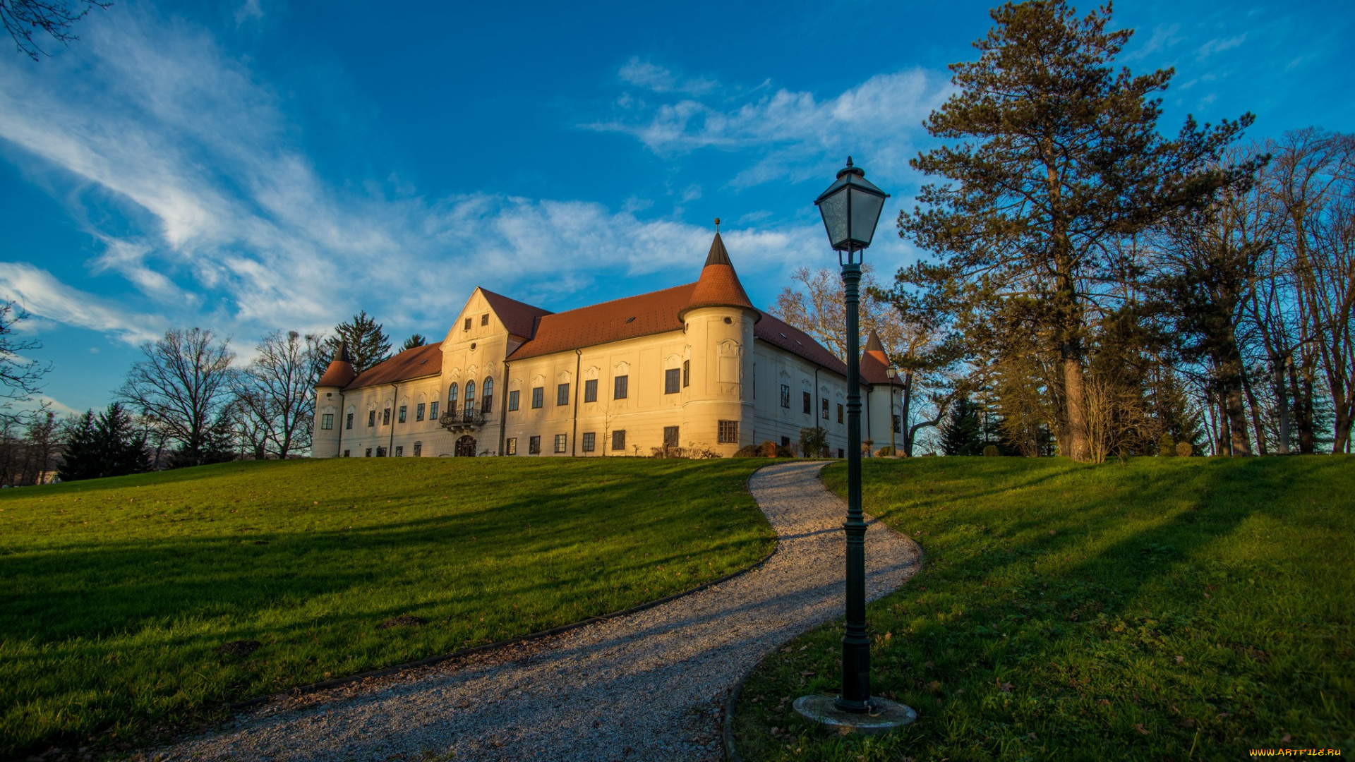 города, -, дворцы, , замки, , крепости, замок, фонарь, тропинка, газон