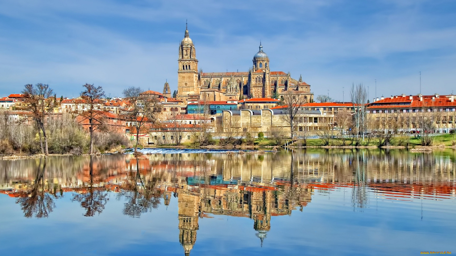 города, -, католические, соборы, , костелы, , аббатства, пейзаж, испания, саламанка, собор, дома, тормес, река