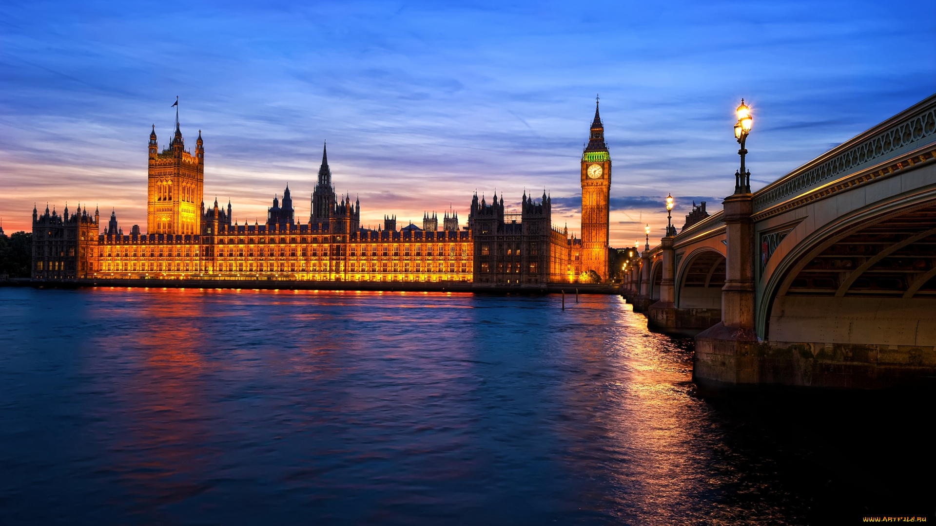 города, лондон, , великобритания, мост, река, вечер