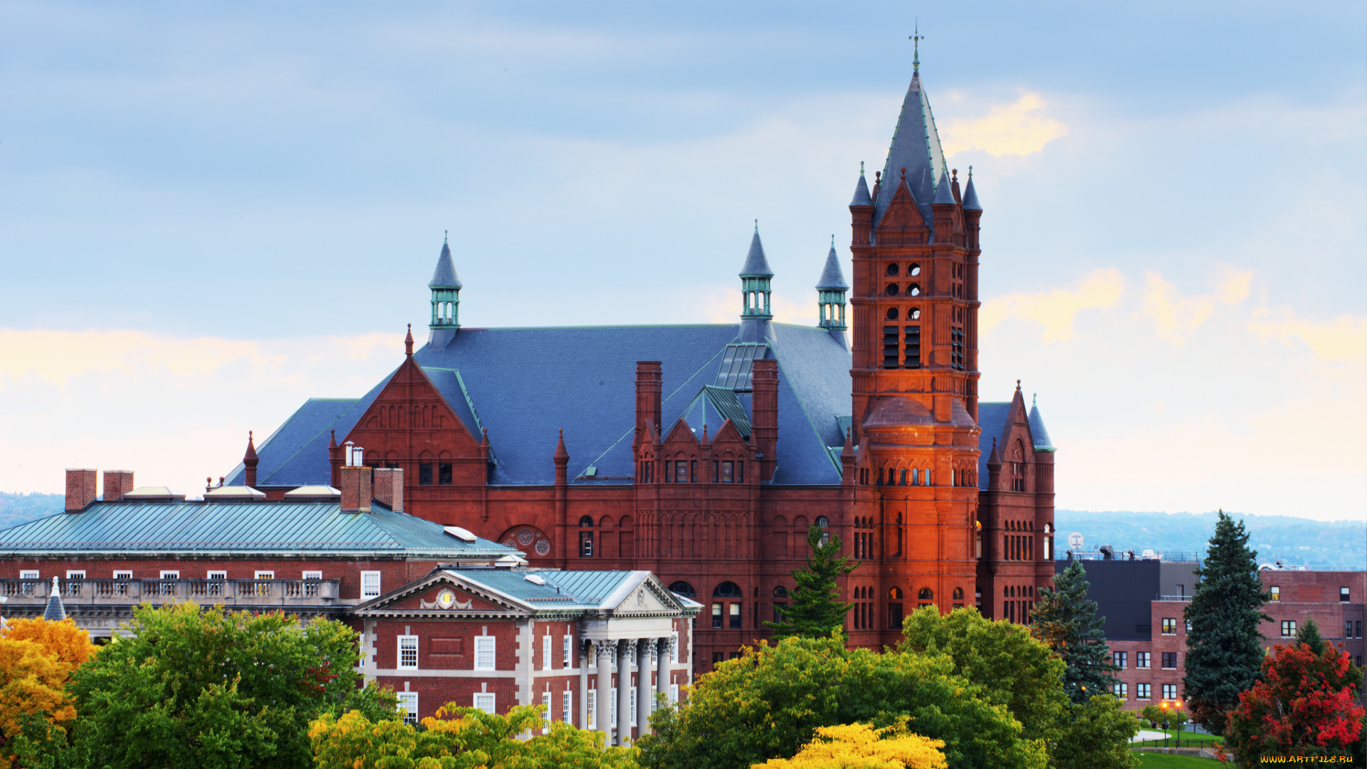 города, нью-йорк, , сша, башня, пейзаж, небо, деревья, дом, краус, колледж, штат, нью-йорк, сиракьюс