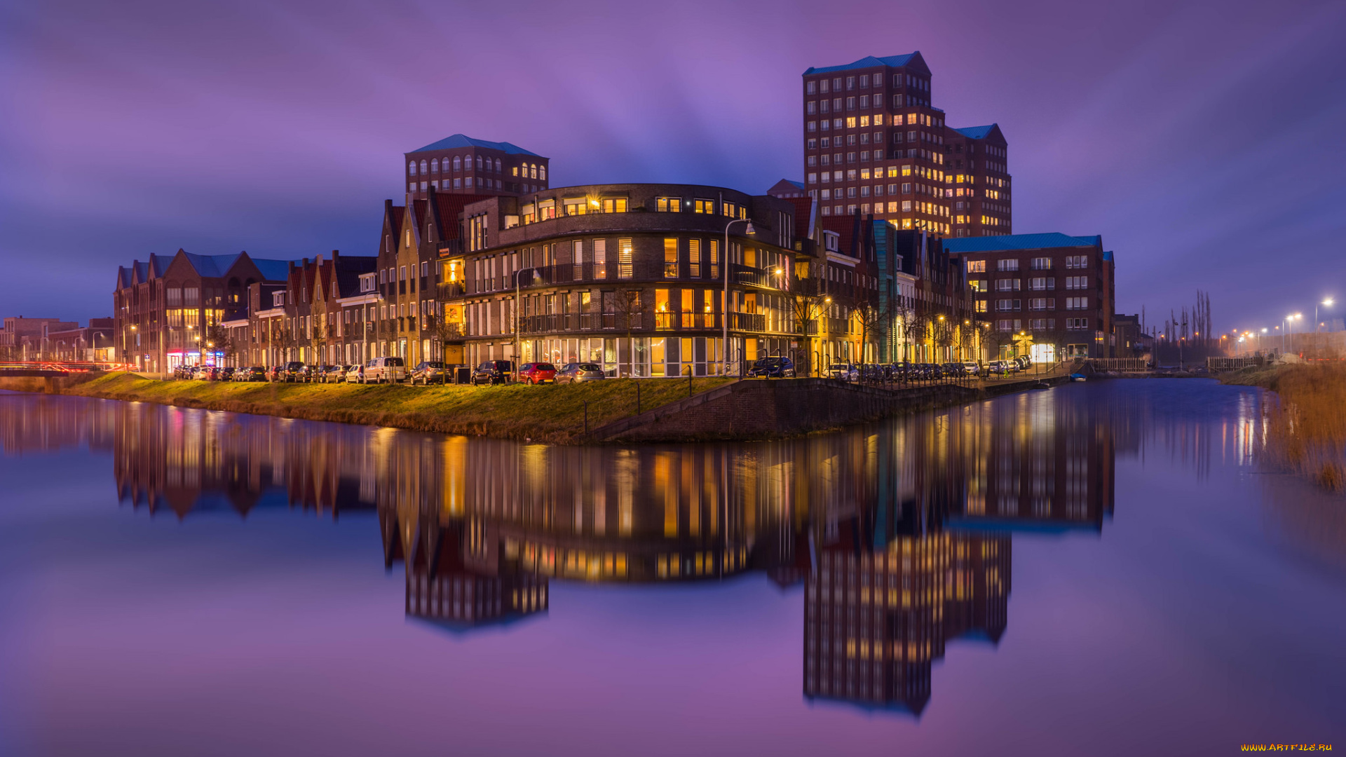 vathorst, skyline, города, -, огни, ночного, города, огни, здания, вода, ночь