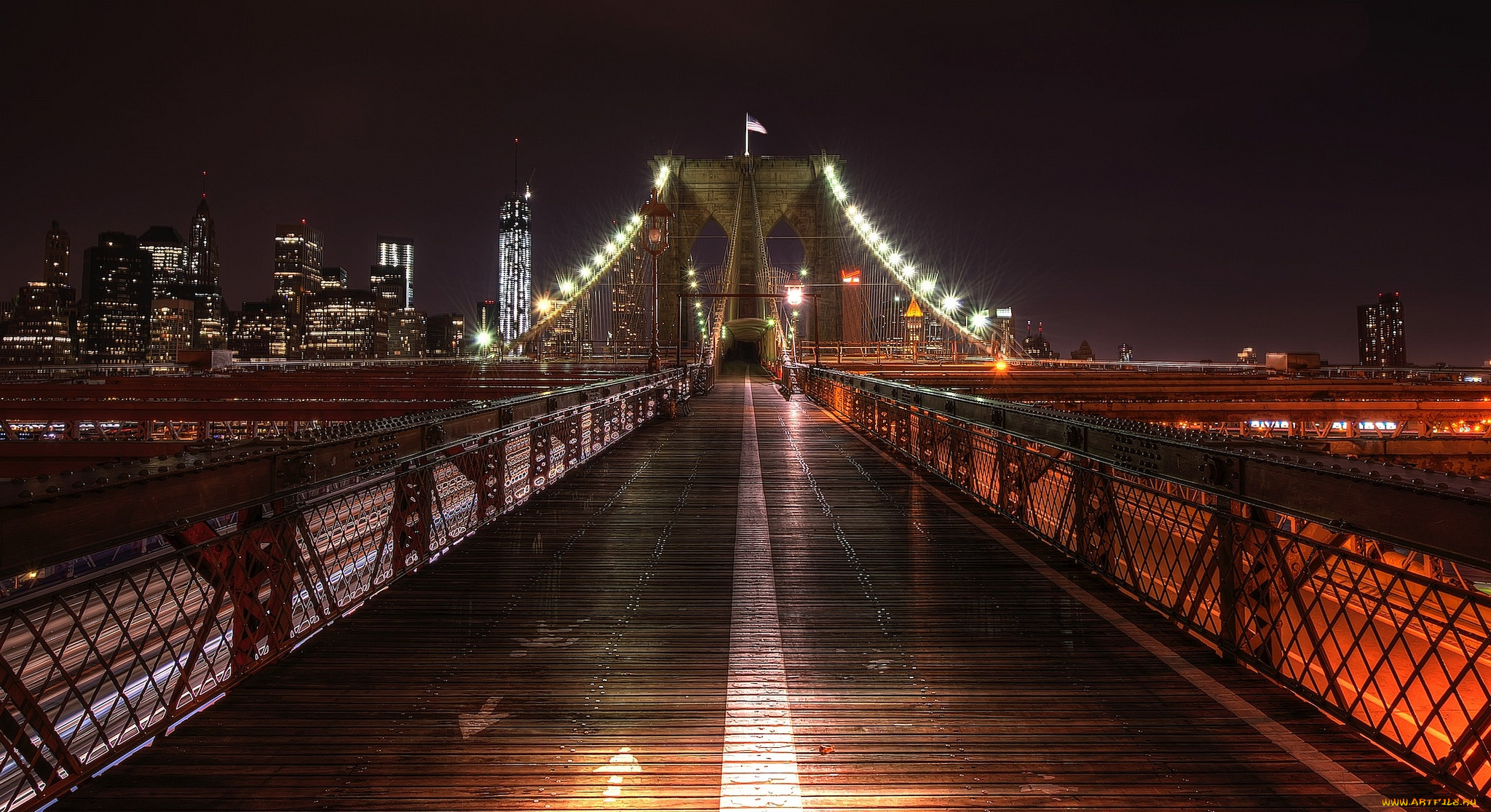 brooklyn, bridge, города, нью-йорк, , сша, ночь, мост, огни