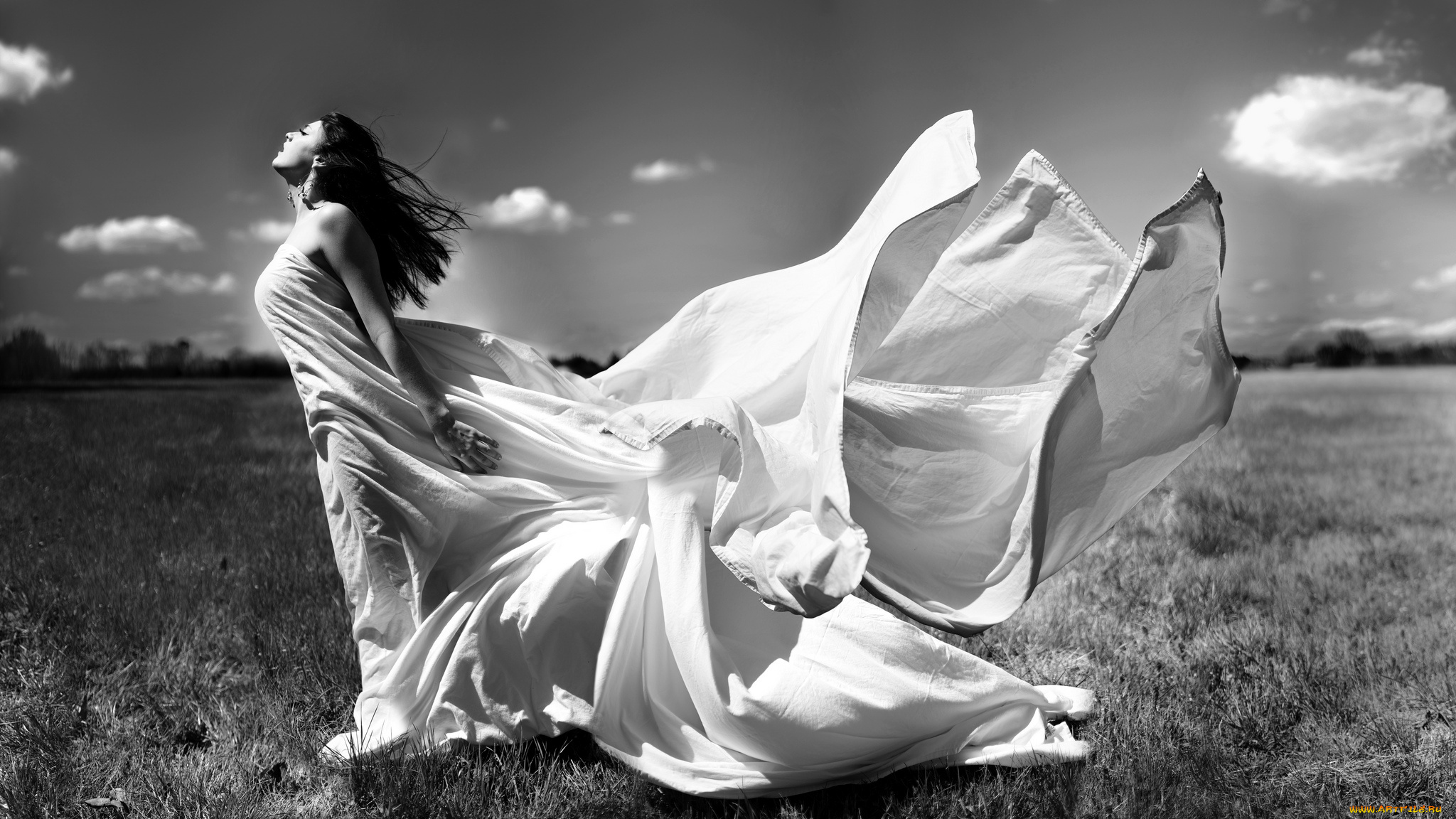 девушки, -unsort, , Черно-белые, обои, брюнетка, ткань, девушка, ветер, чёрно-белое, фото