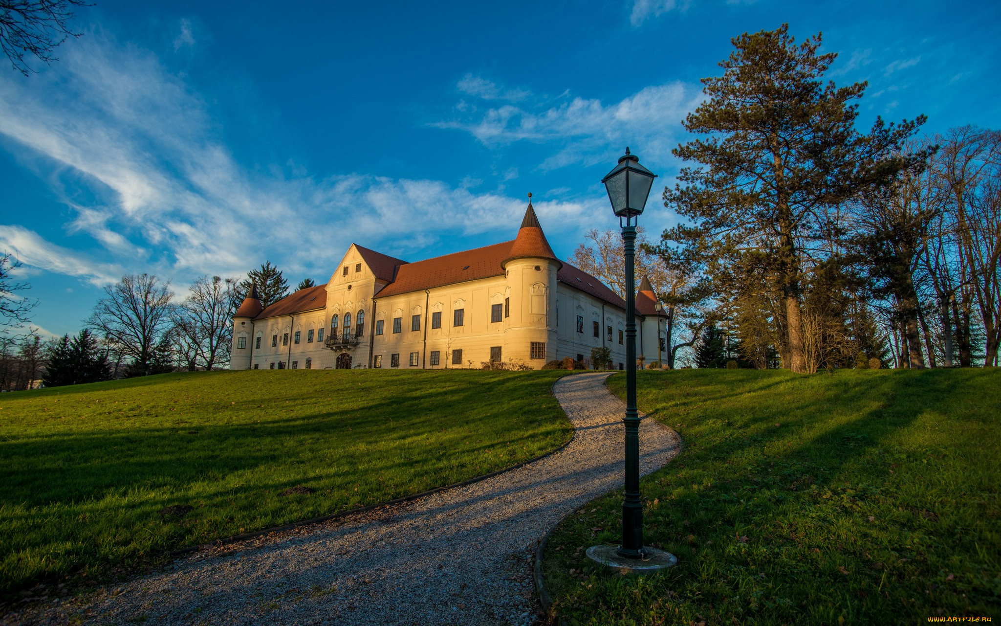 города, -, дворцы, , замки, , крепости, замок, фонарь, тропинка, газон