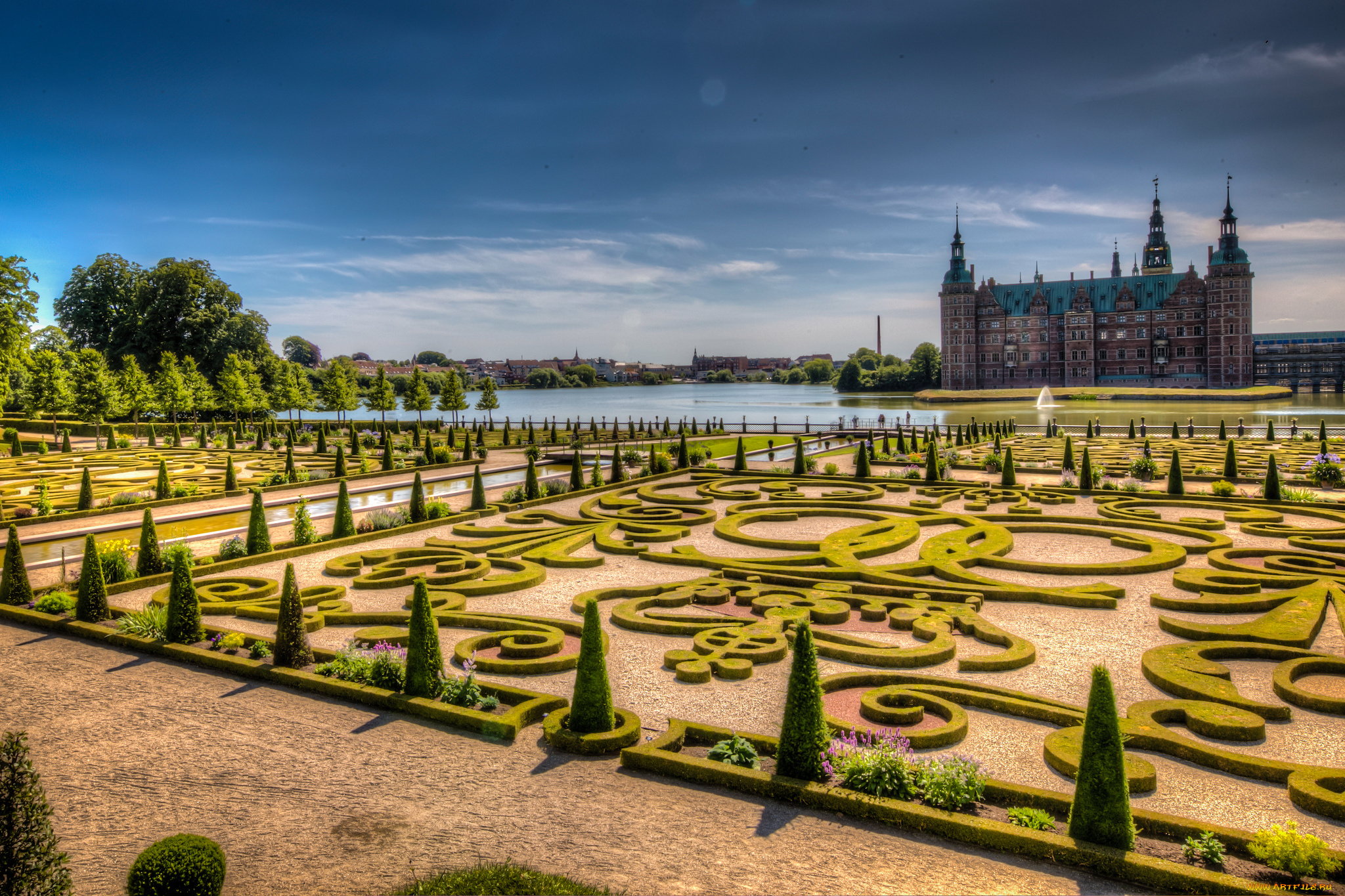frederiksborg, castle, and, garden, , hiller&, 248, , denmark, города, замки, дании, замок, река, парк