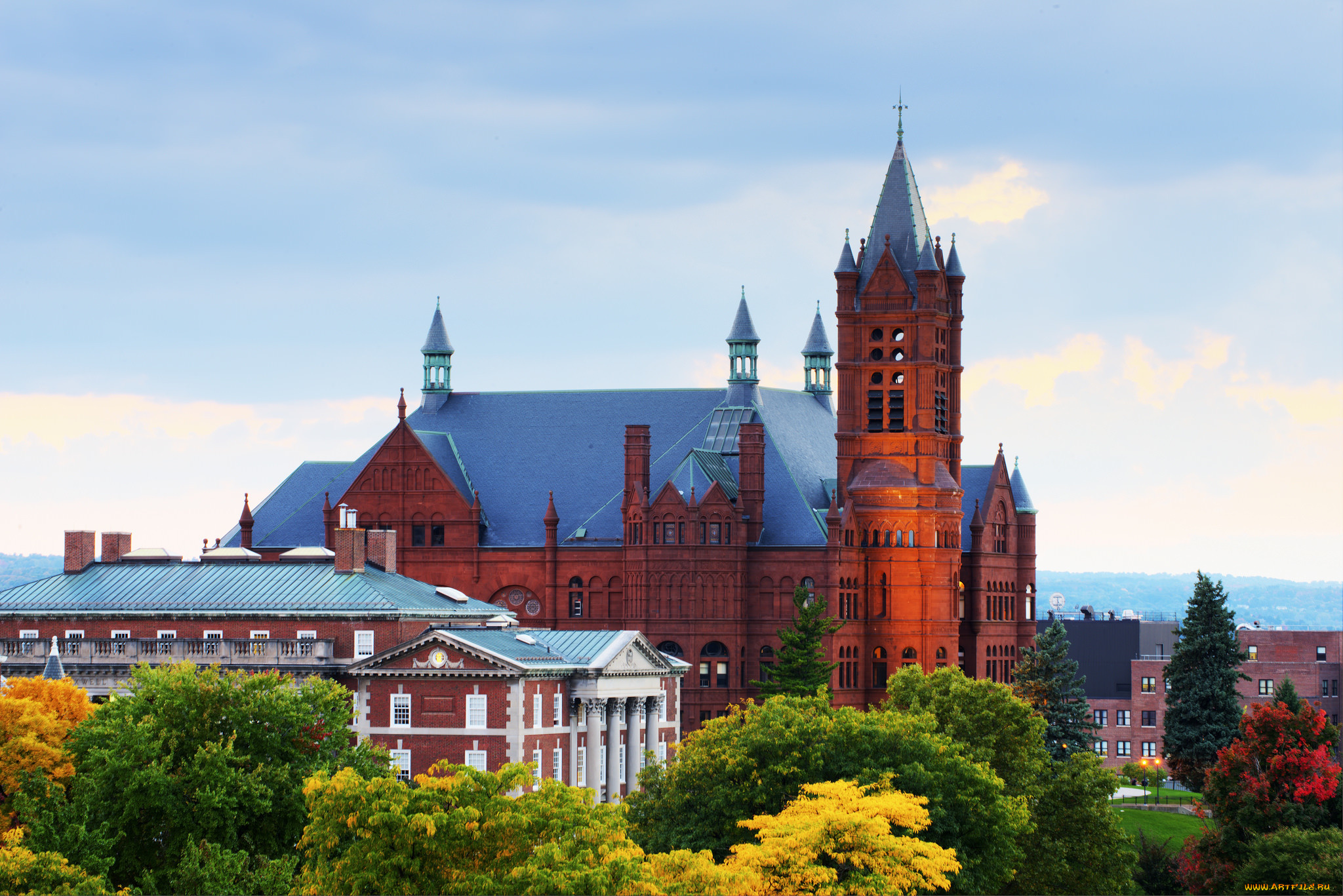 города, нью-йорк, , сша, башня, пейзаж, небо, деревья, дом, краус, колледж, штат, нью-йорк, сиракьюс