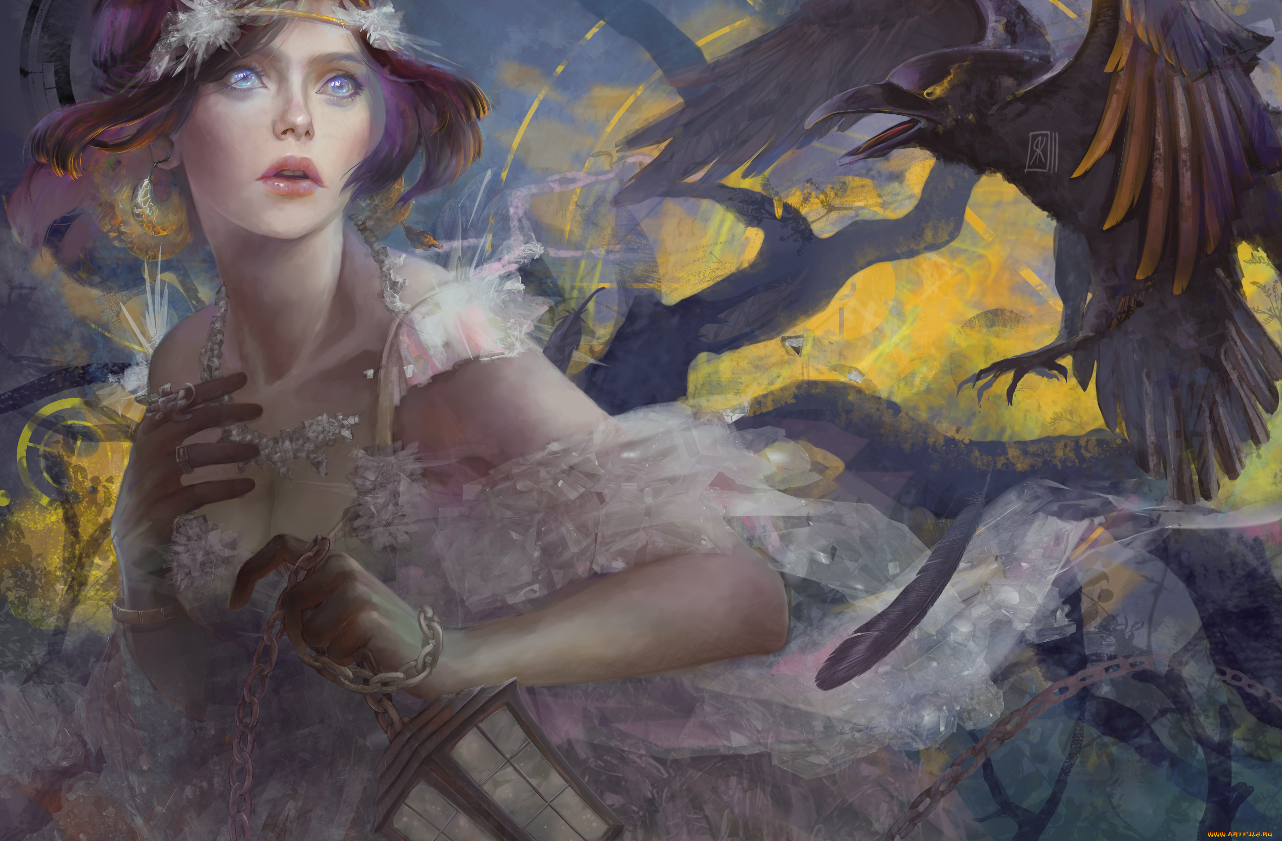 фэнтези, девушки, бегство, фонарь, арт, испуг, ворон, нарисованная, девушка