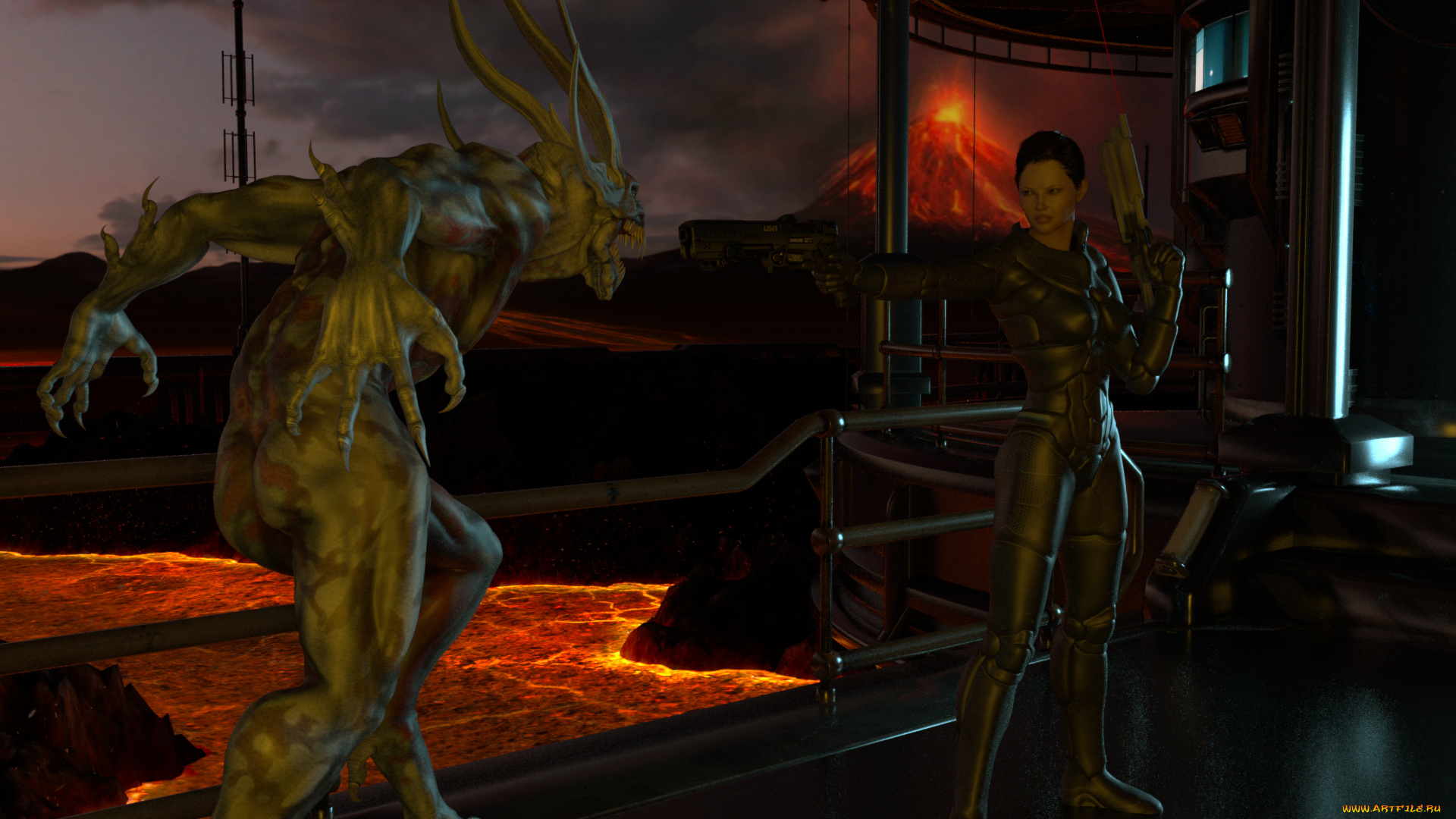 3д, графика, фантазия, , fantasy, оружие, фон, демон, взгляд, девушка