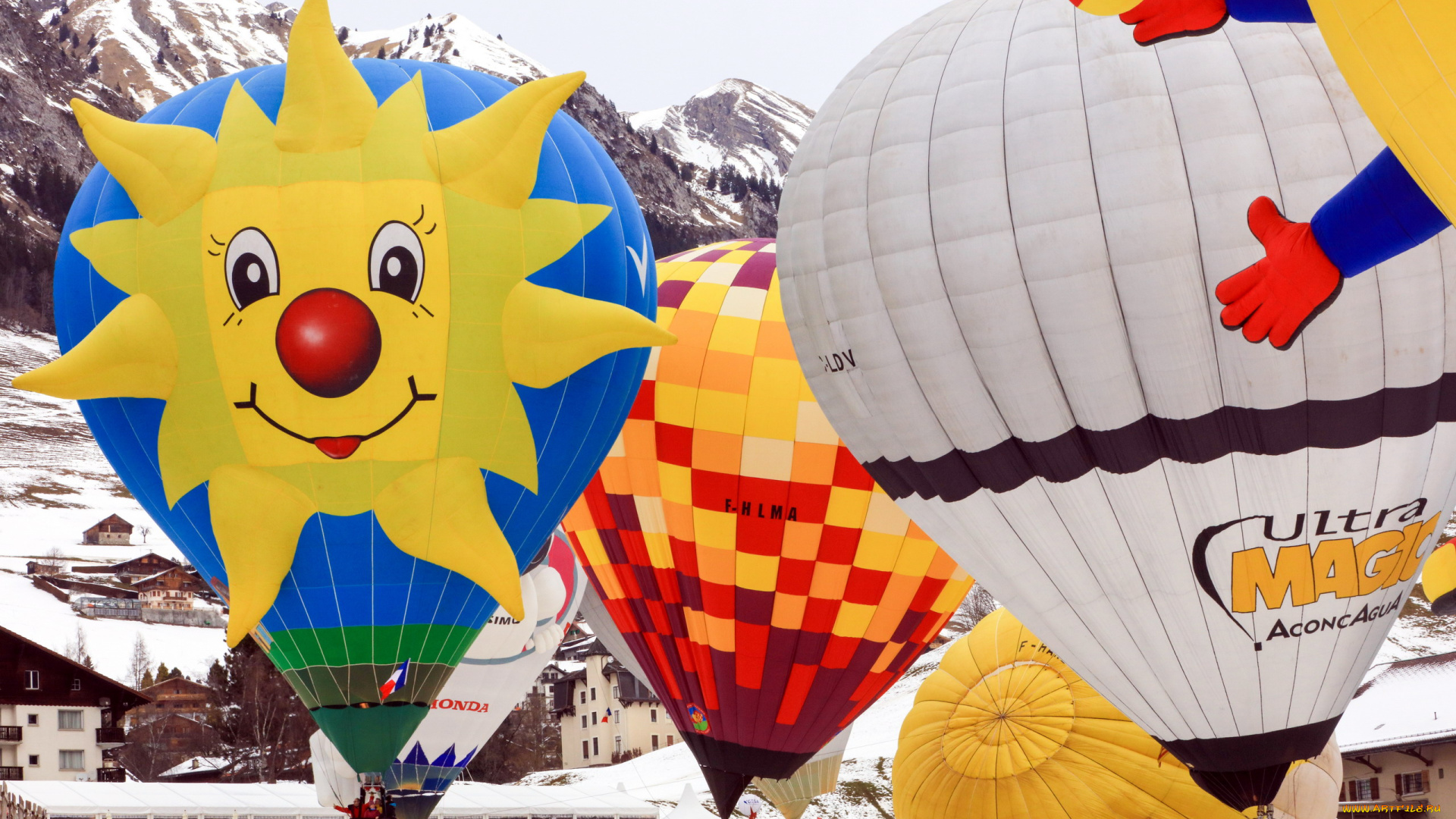 авиация, воздушные, шары, горы, снег, солнышко