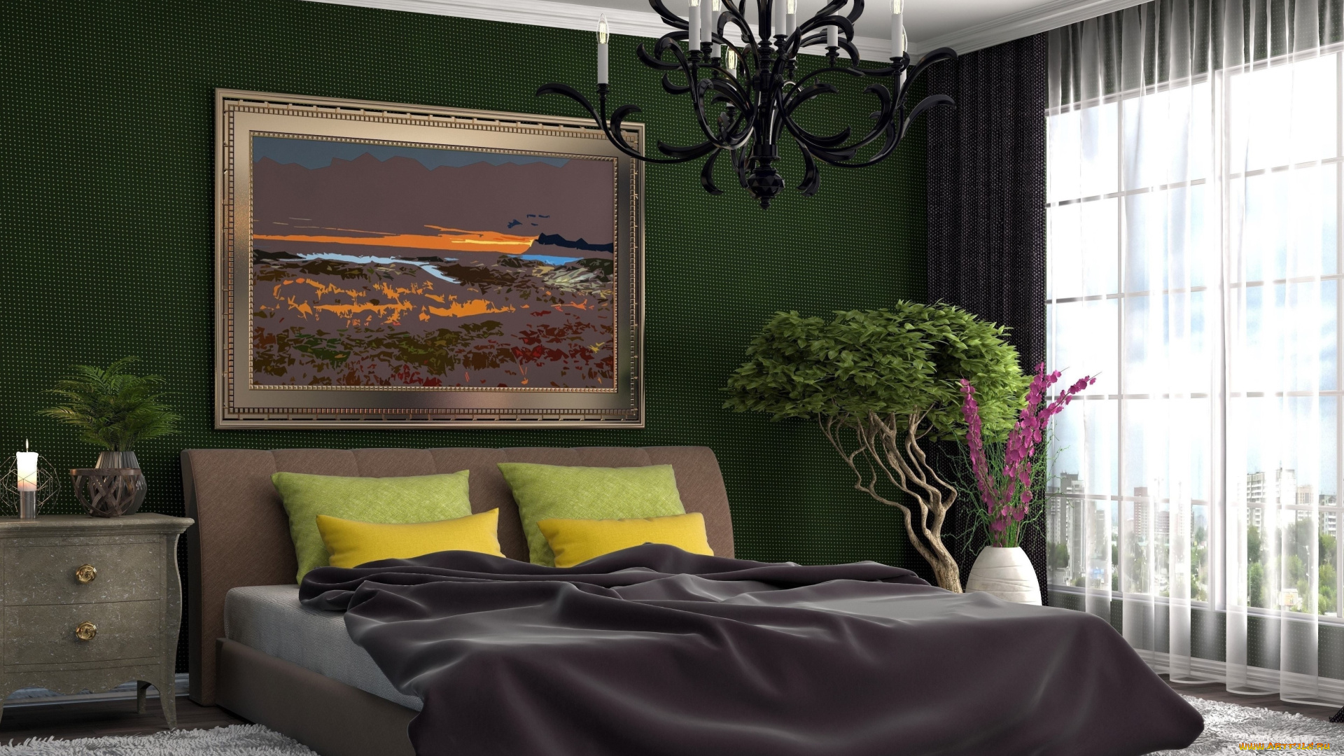 3д, графика, реализм, , realism, светильник, картина, кровать