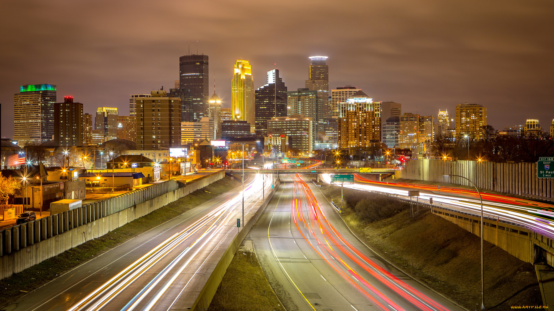 minneapolis, города, -, огни, ночного, города, побережье