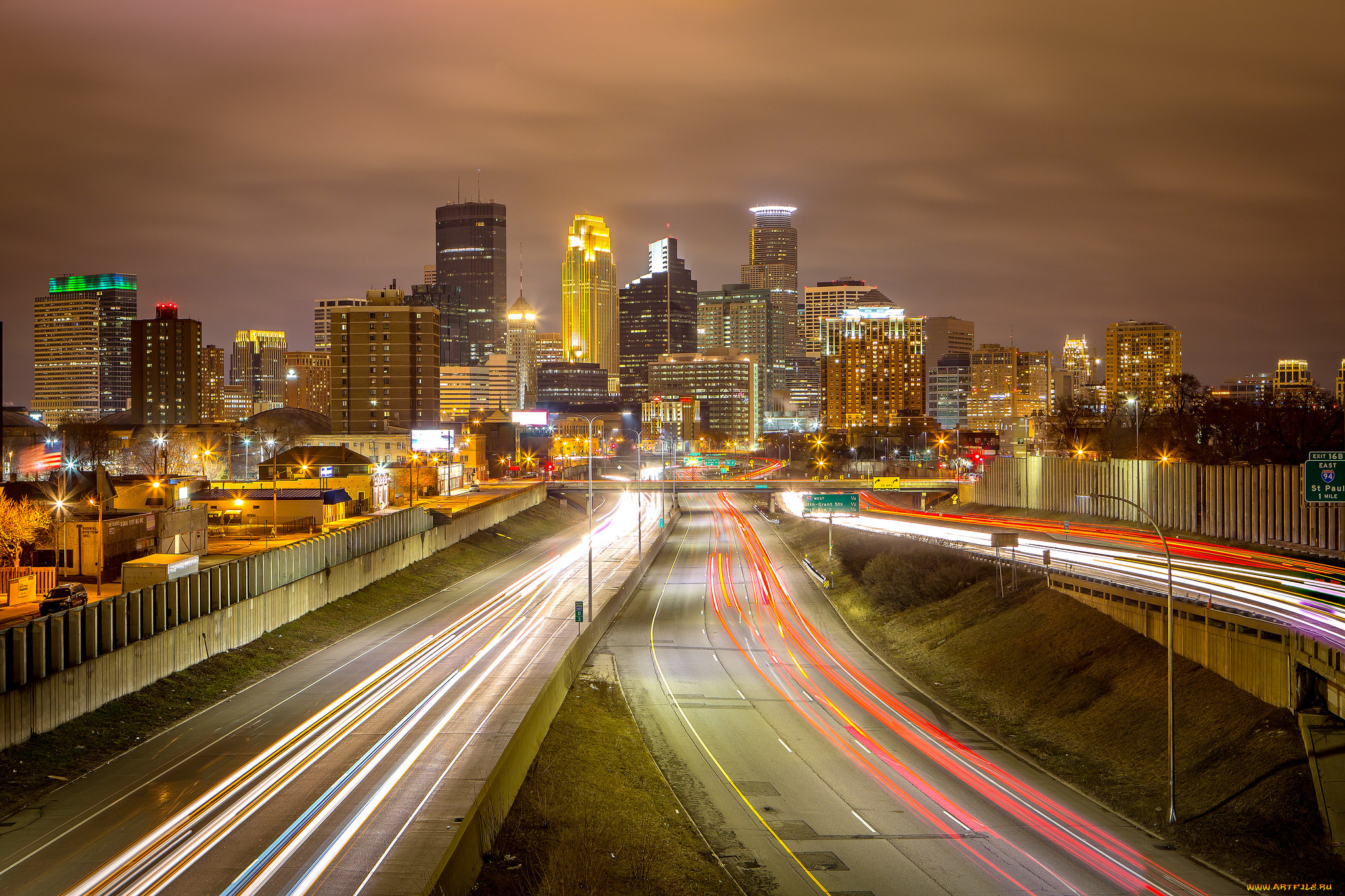 minneapolis, города, -, огни, ночного, города, побережье